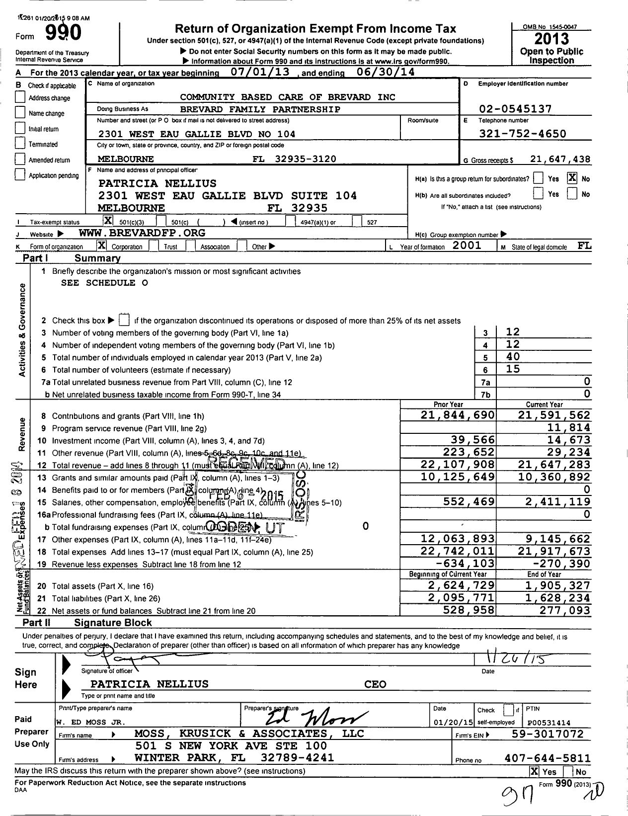 Image of first page of 2013 Form 990 for Brevard Family Partnership