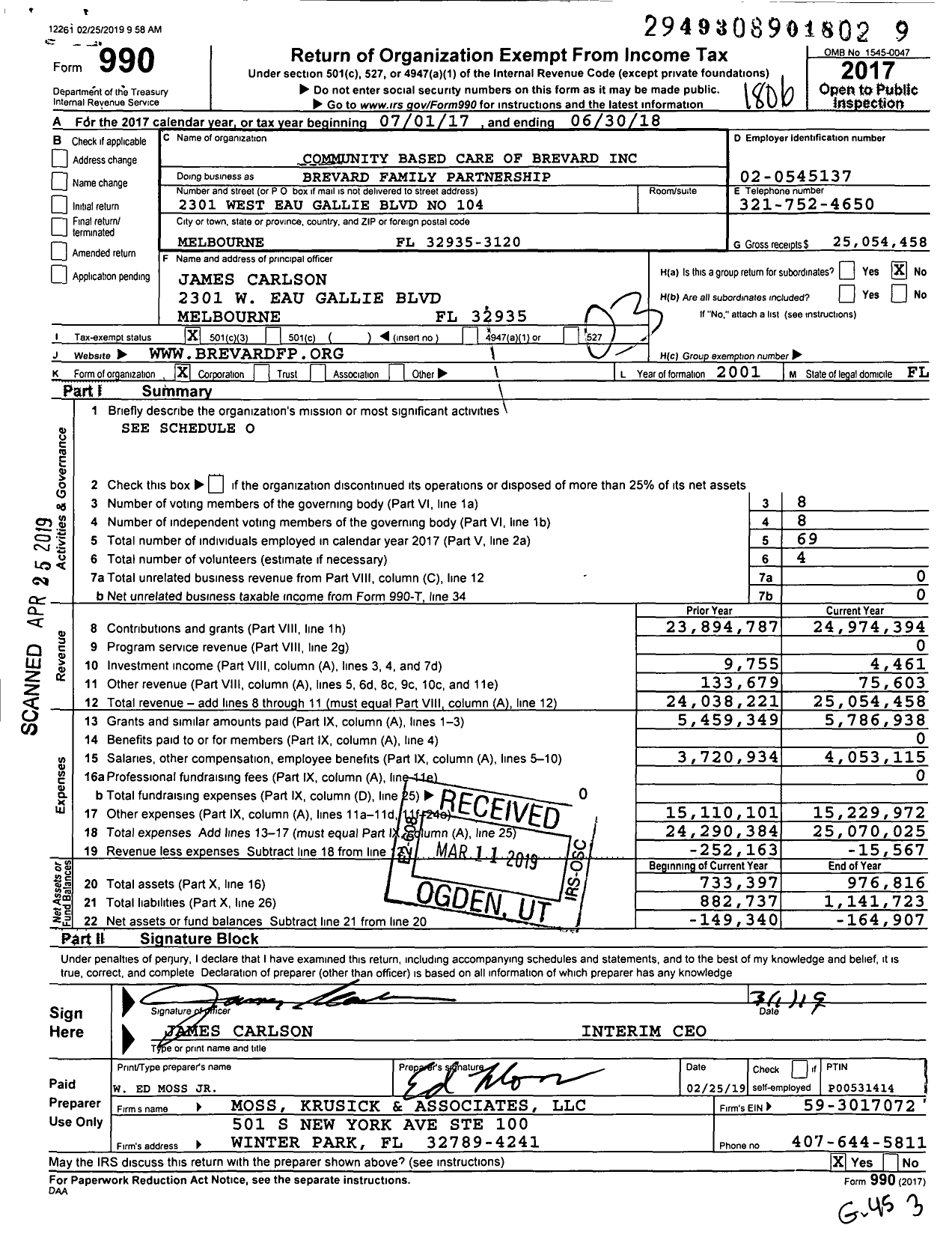 Image of first page of 2017 Form 990 for Brevard Family Partnership
