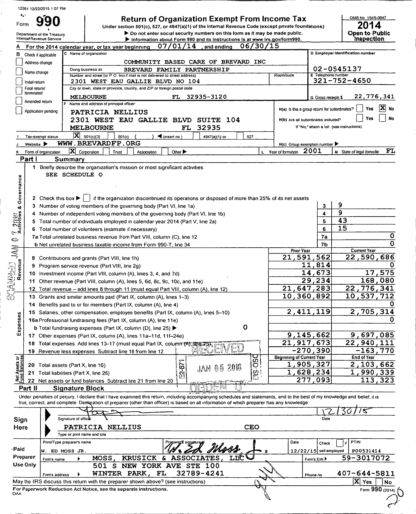 Image of first page of 2014 Form 990 for Brevard Family Partnership