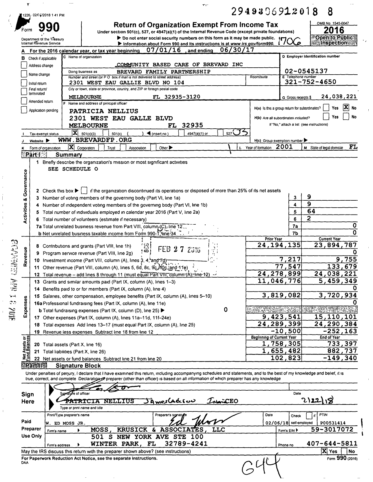Image of first page of 2016 Form 990 for Brevard Family Partnership