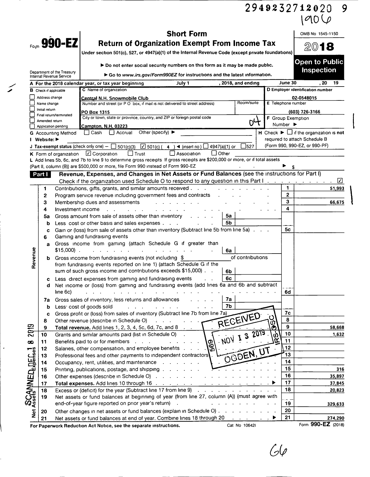 Image of first page of 2018 Form 990EO for Central NH Snowmobile Club