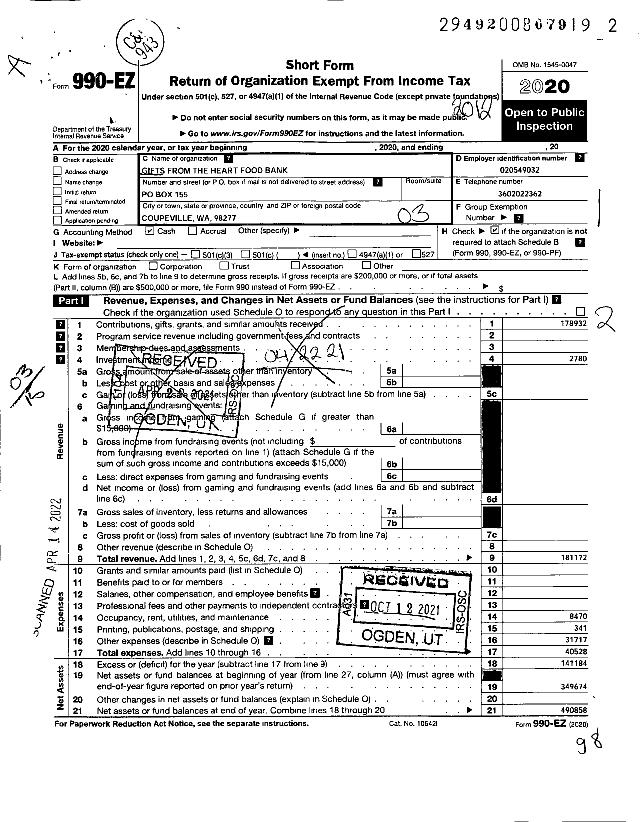 Image of first page of 2020 Form 990EZ for Gifts From the Heart Food Bank