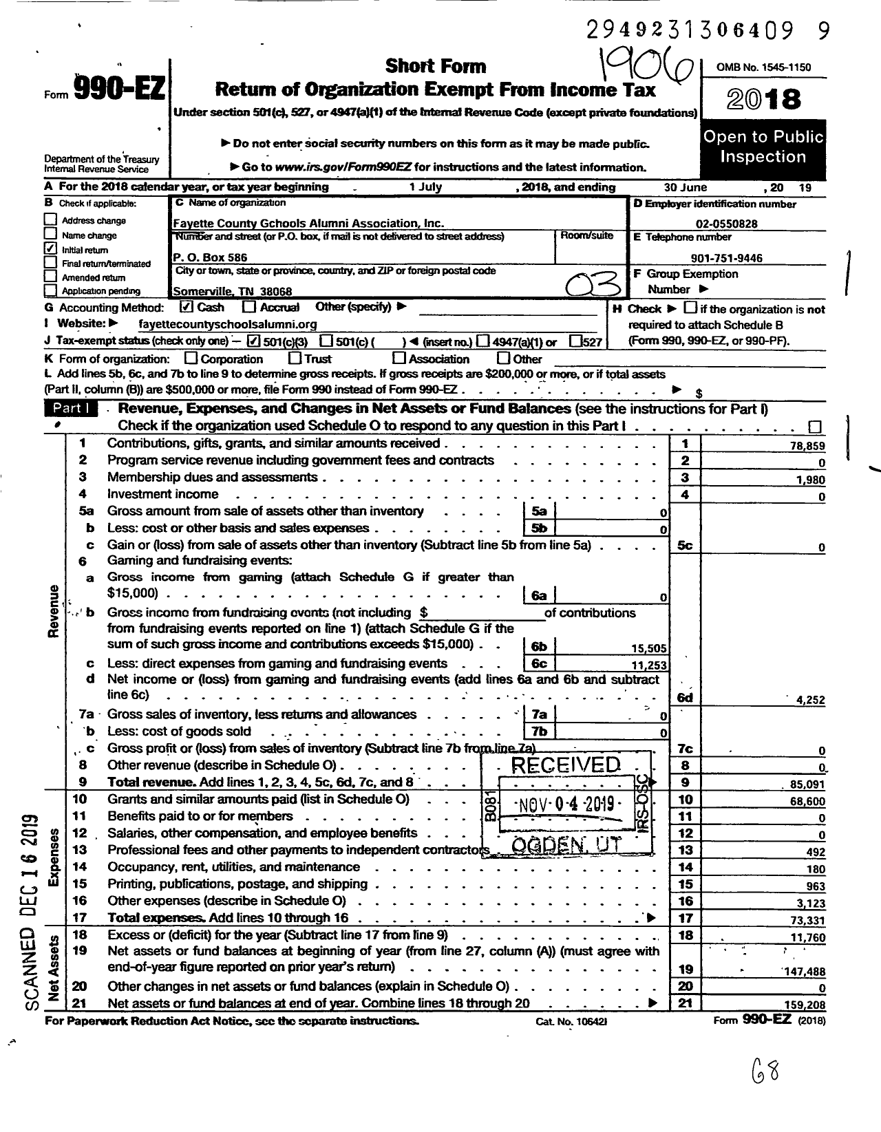 Image of first page of 2018 Form 990EZ for Fayette County School Alumni Association