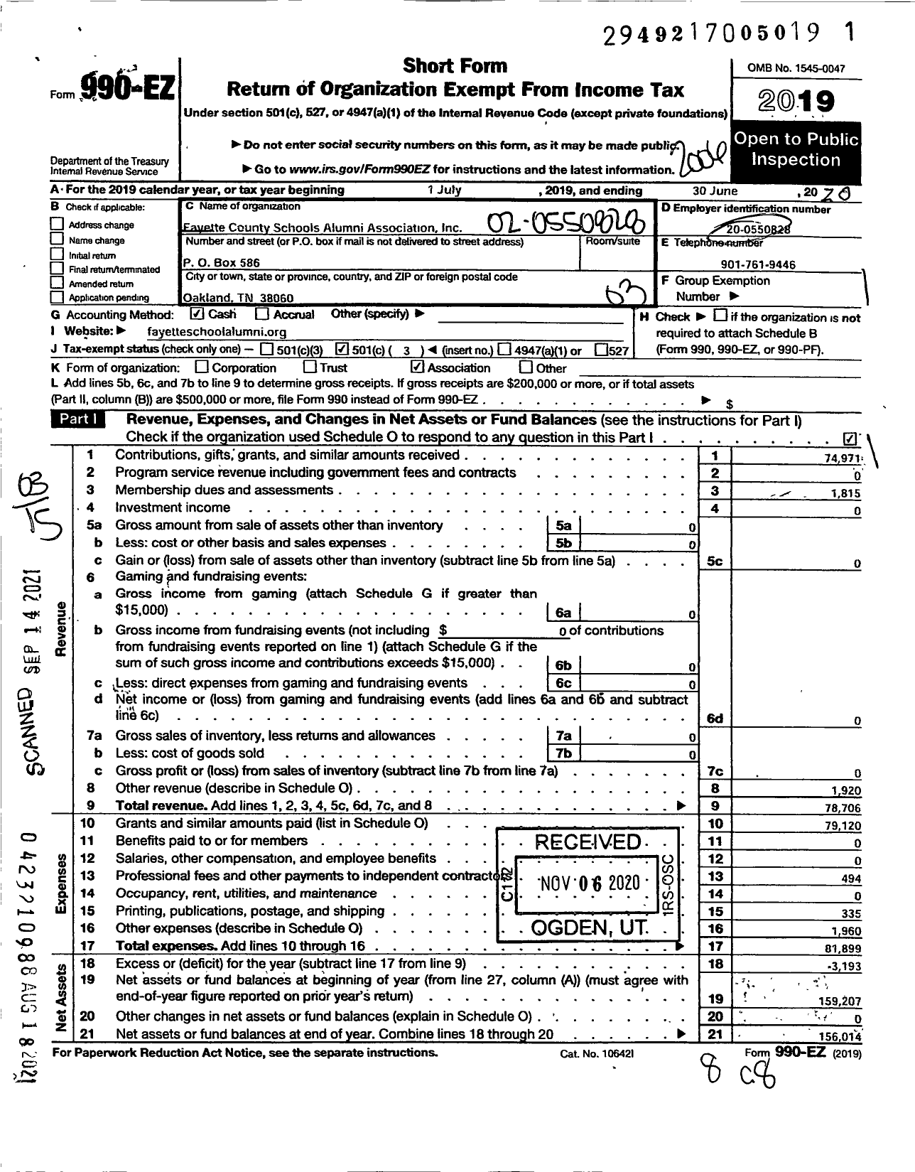 Image of first page of 2019 Form 990EZ for Fayette County School Alumni Association