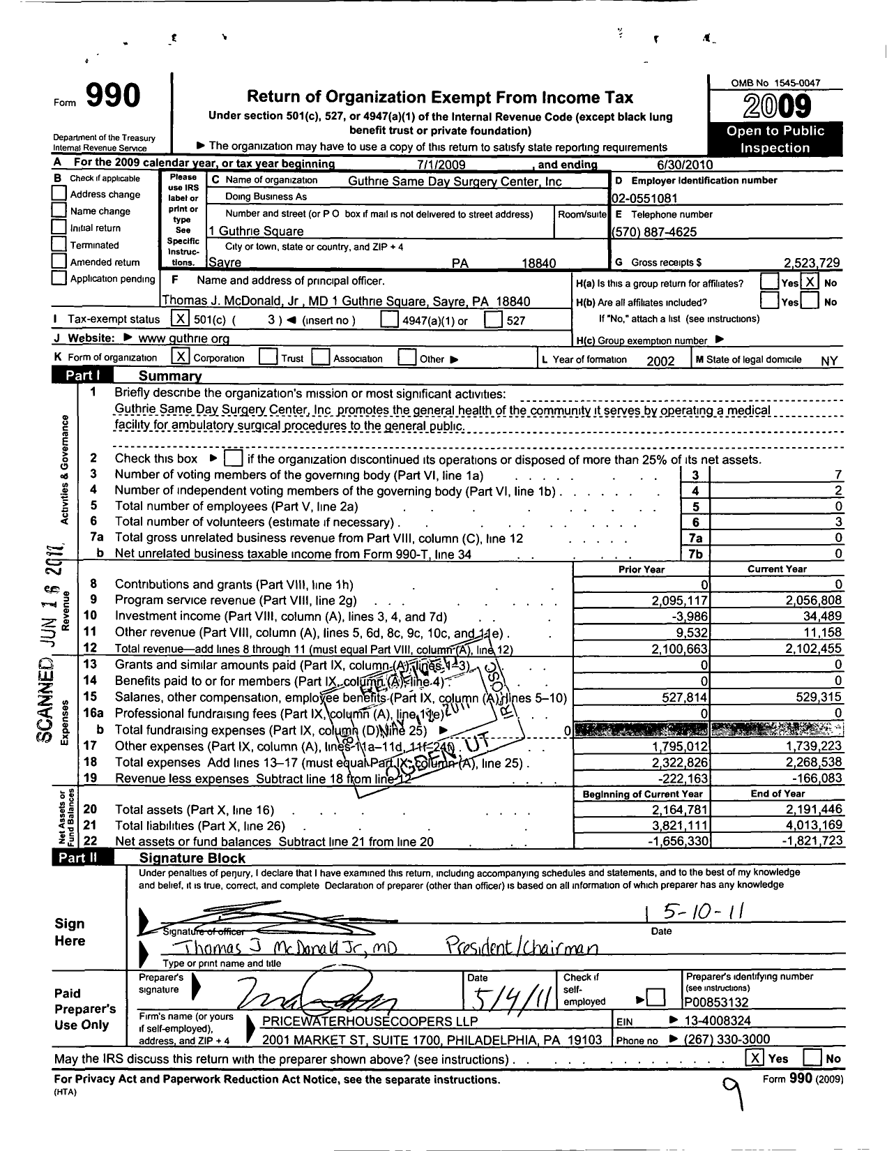 Image of first page of 2009 Form 990 for Guthrie Same Day Surgery Center