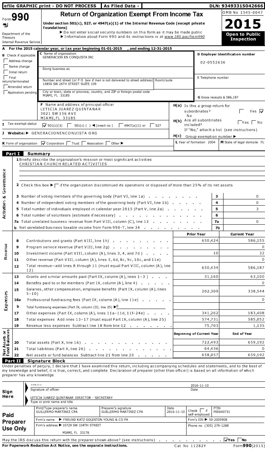 Image of first page of 2015 Form 990 for Generacion En Conquista