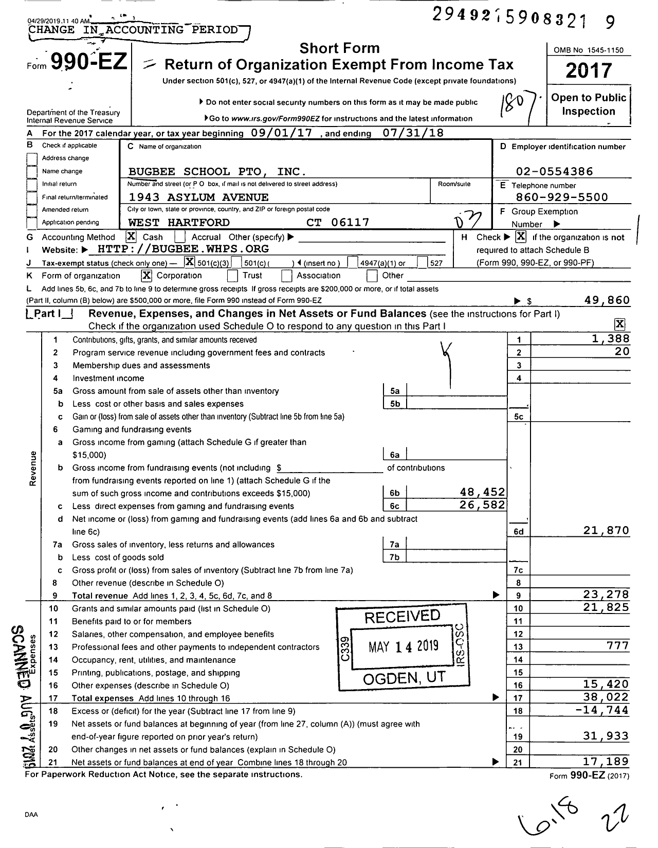 Image of first page of 2017 Form 990EZ for Bugbee School Pto