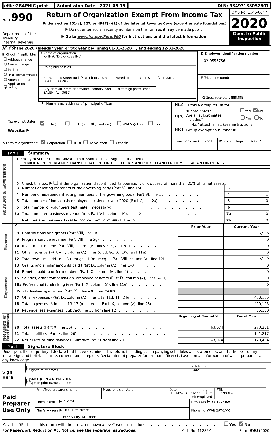 Image of first page of 2020 Form 990 for Johnsons Express