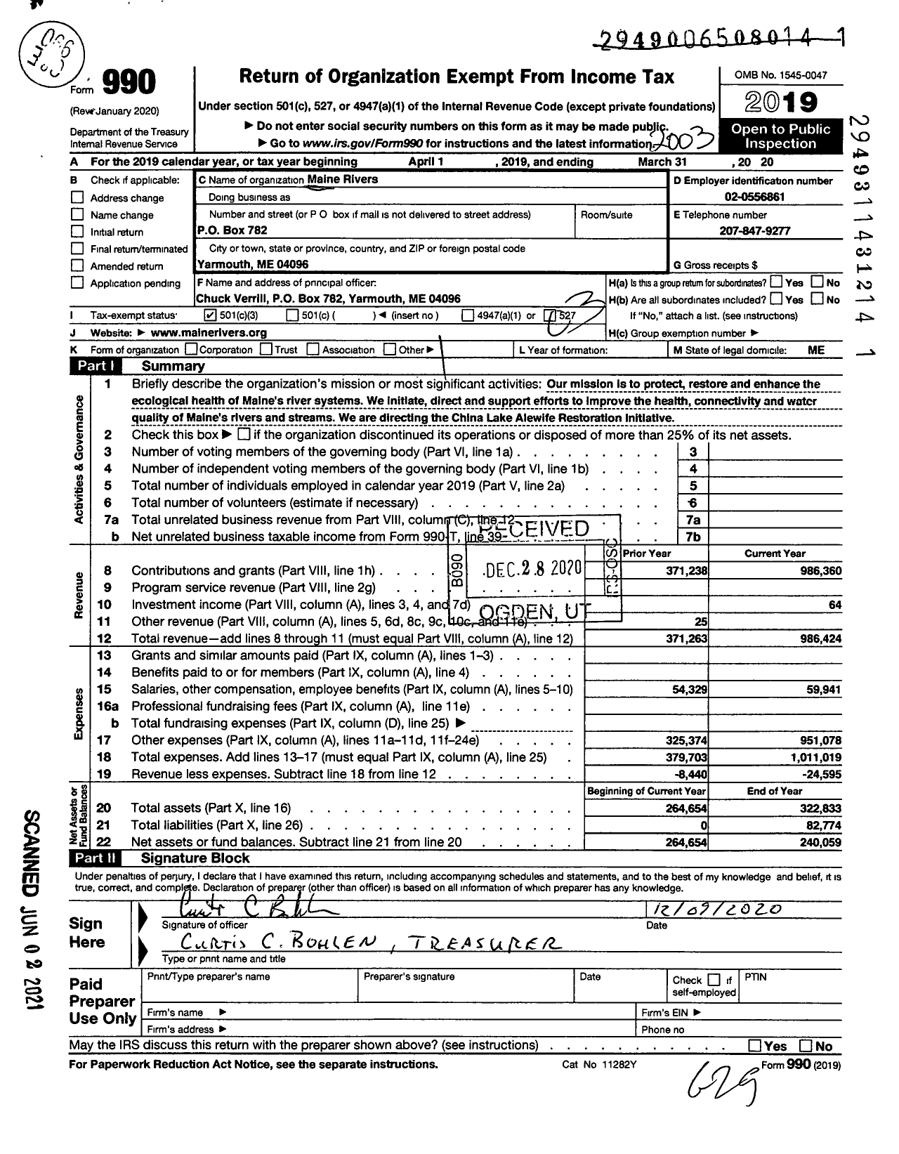 Image of first page of 2019 Form 990 for Maine Rivers