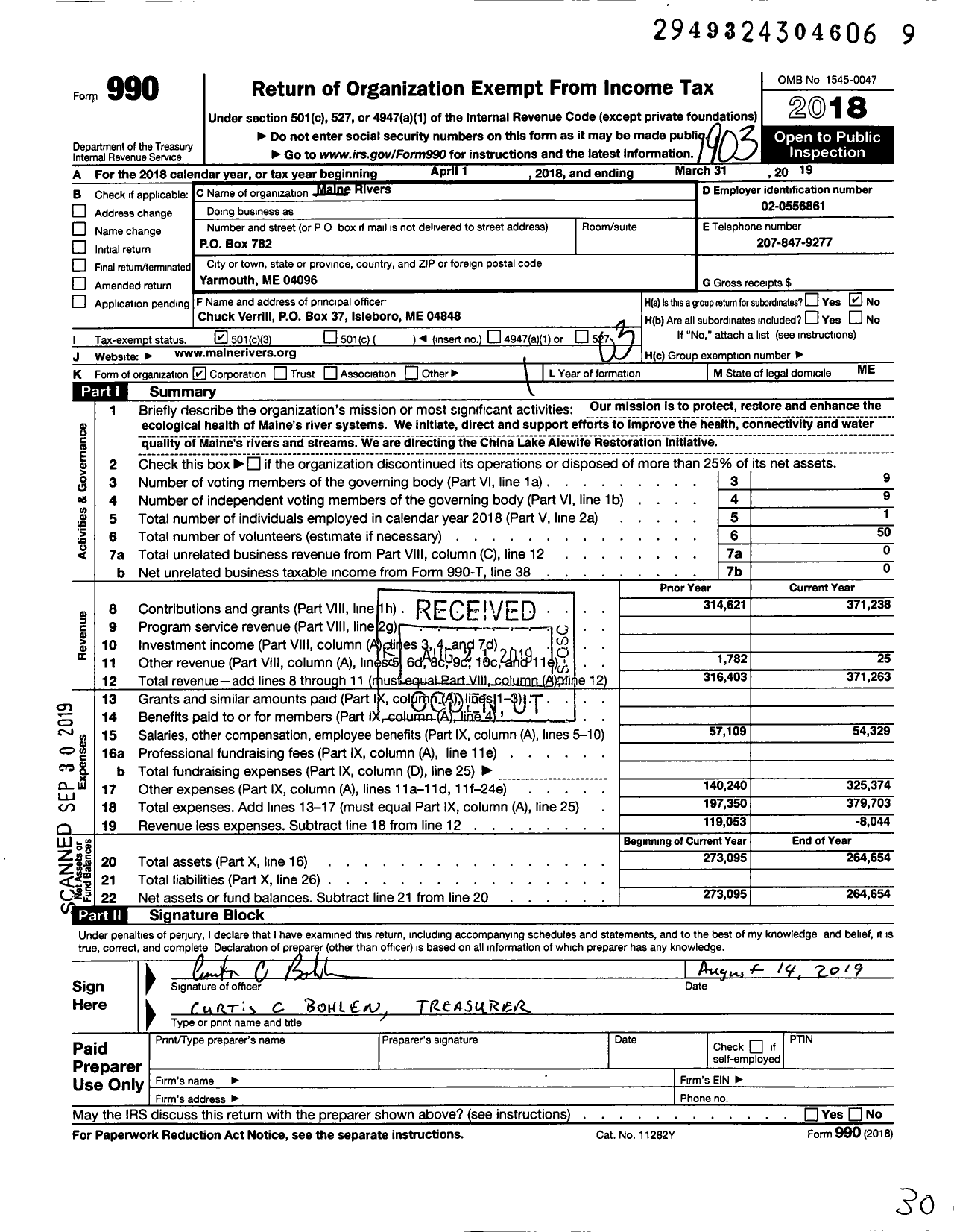 Image of first page of 2018 Form 990 for Maine Rivers