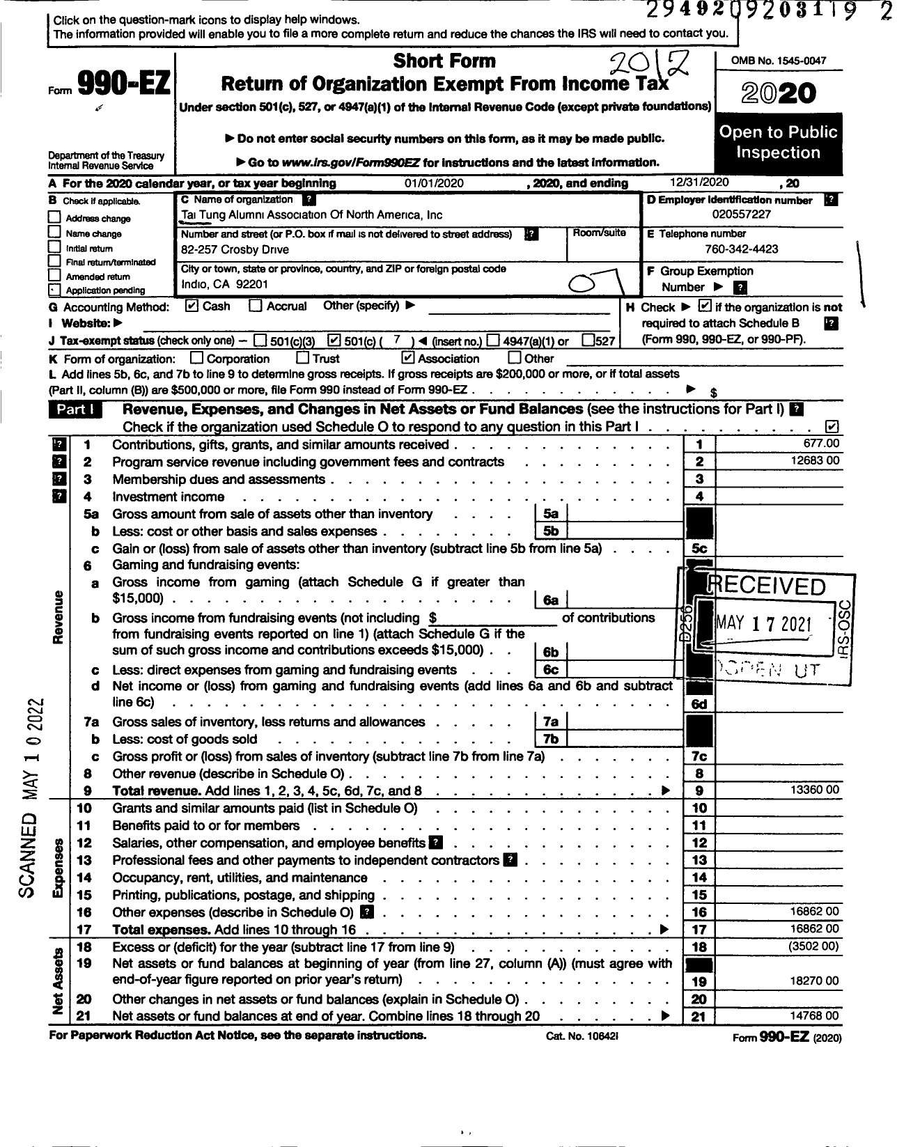 Image of first page of 2020 Form 990EO for Tai-Tung Alumni Association of North America