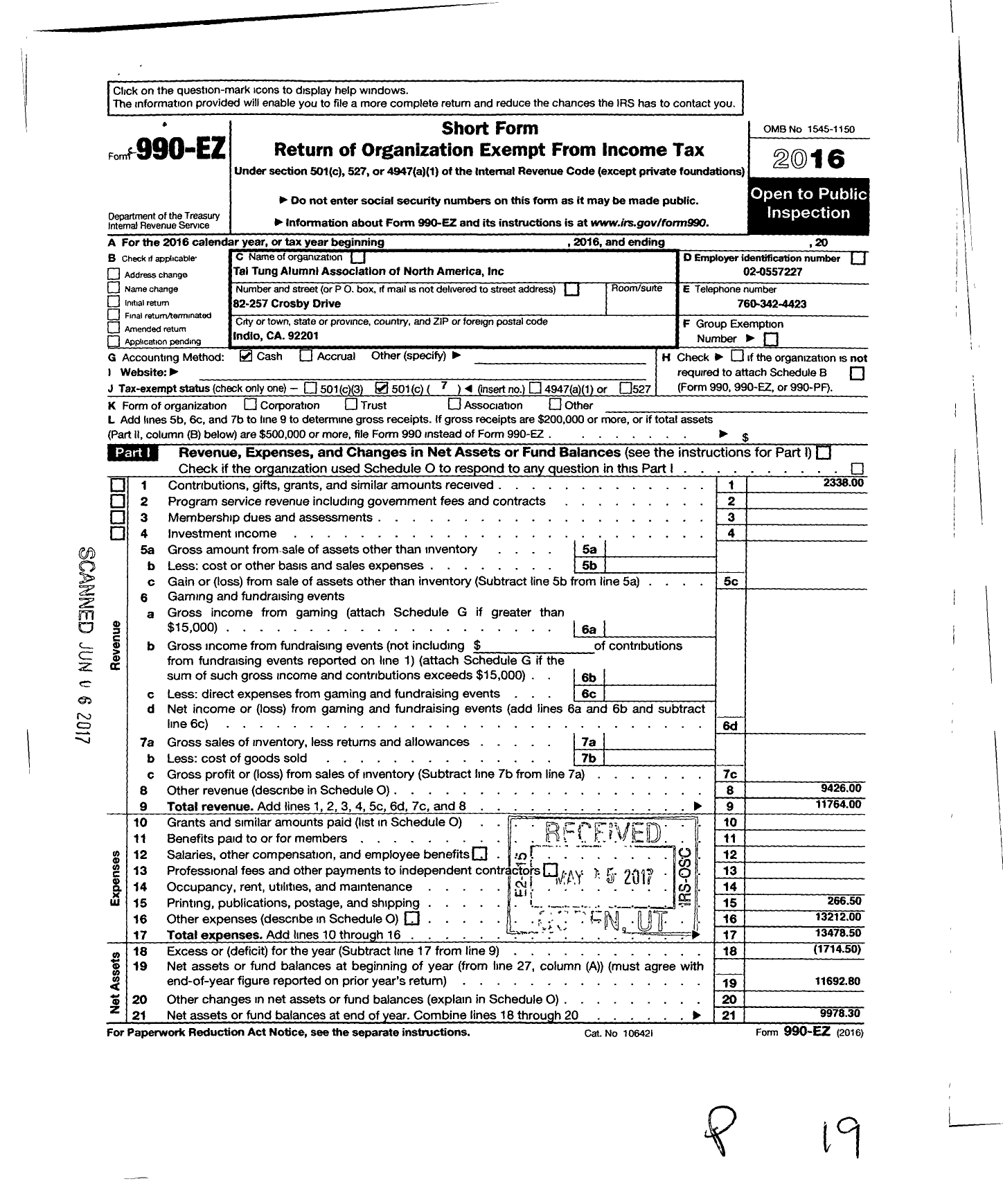 Image of first page of 2016 Form 990EO for Tai-Tung Alumni Association of North America