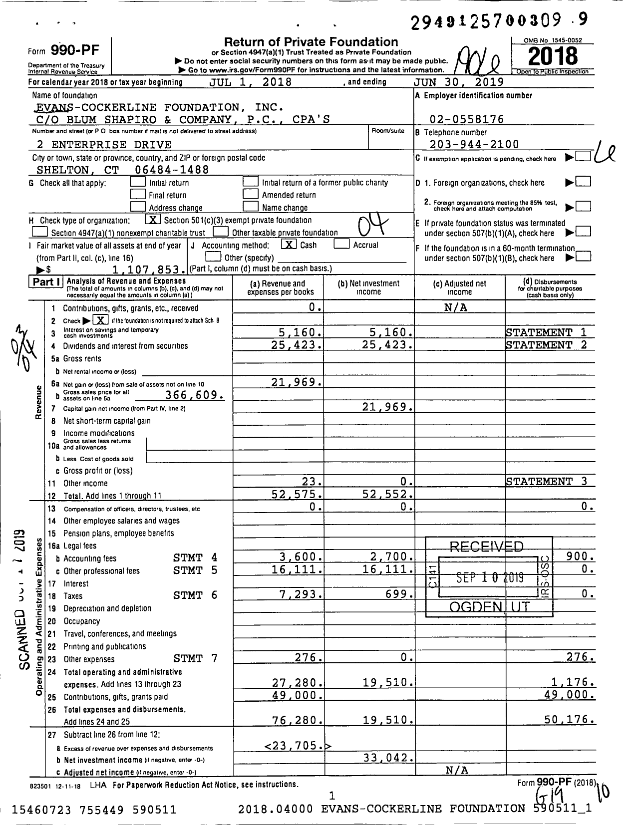 Image of first page of 2018 Form 990PF for Evans-Cockerline Foundation