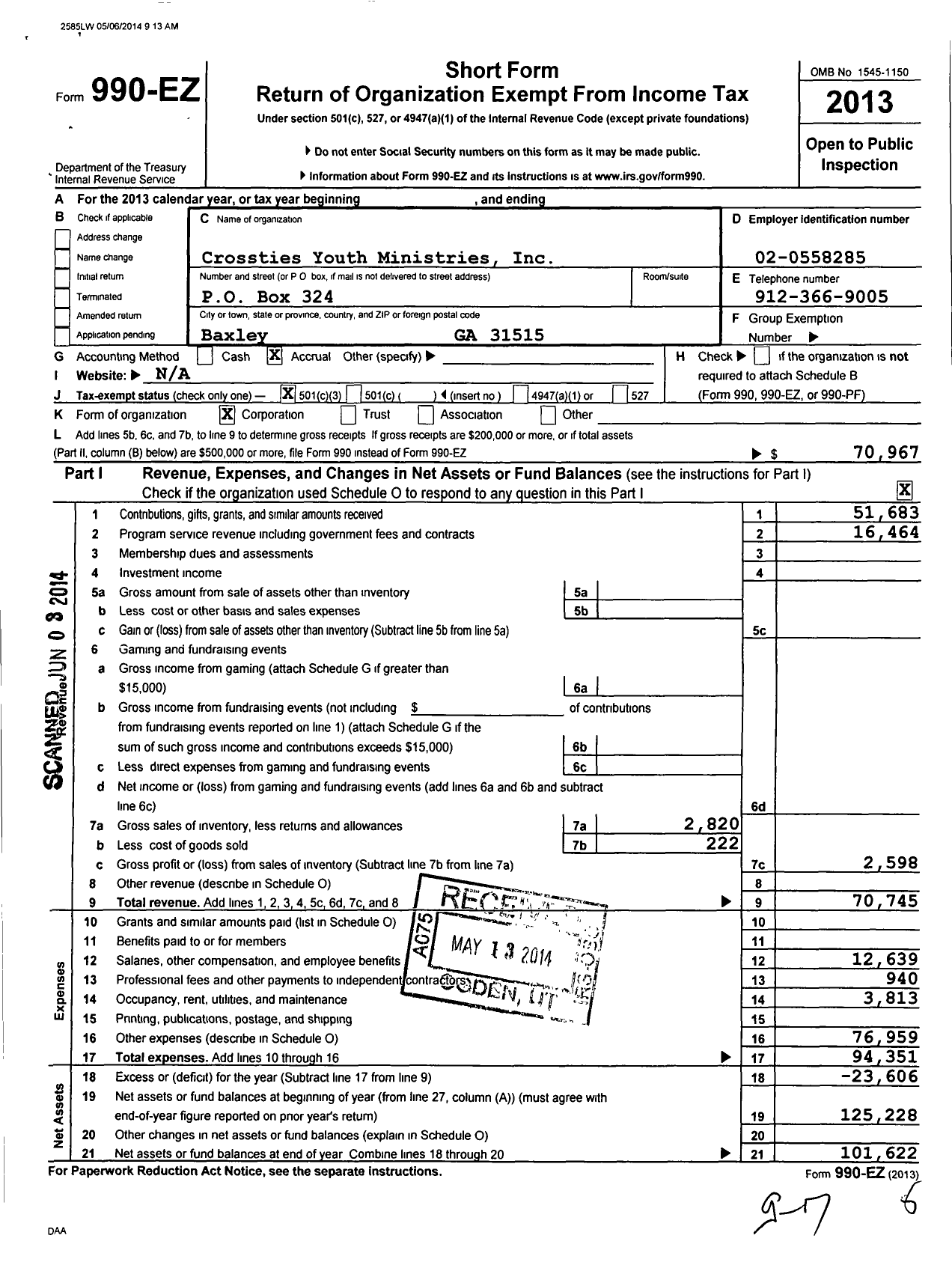 Image of first page of 2013 Form 990EZ for Crossties Youth Ministries