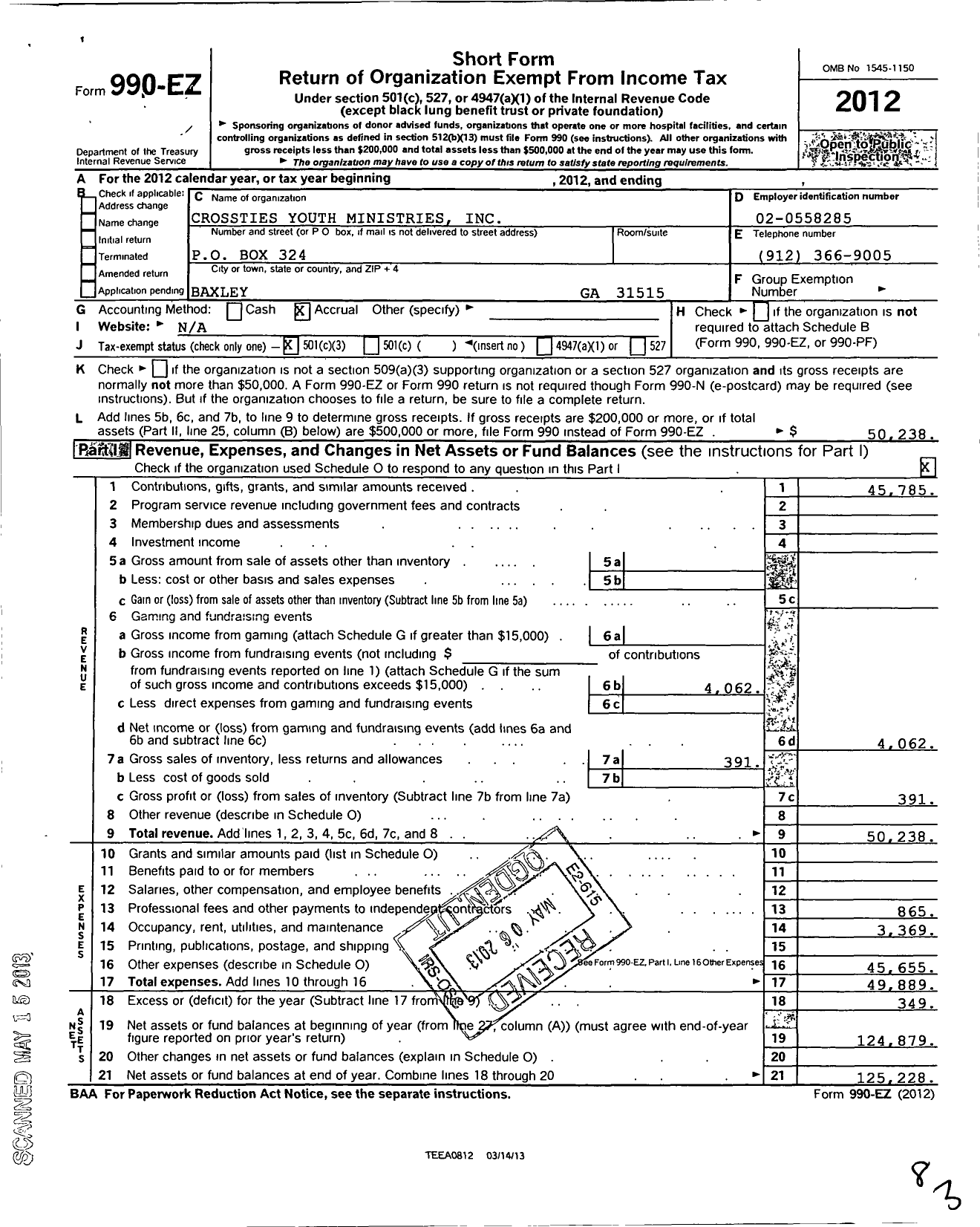 Image of first page of 2012 Form 990EZ for Crossties Youth Ministries