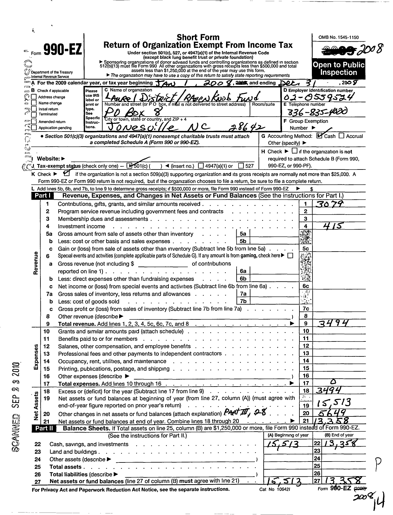 Image of first page of 2008 Form 990EO for Laurel District-Raven Knob Fund