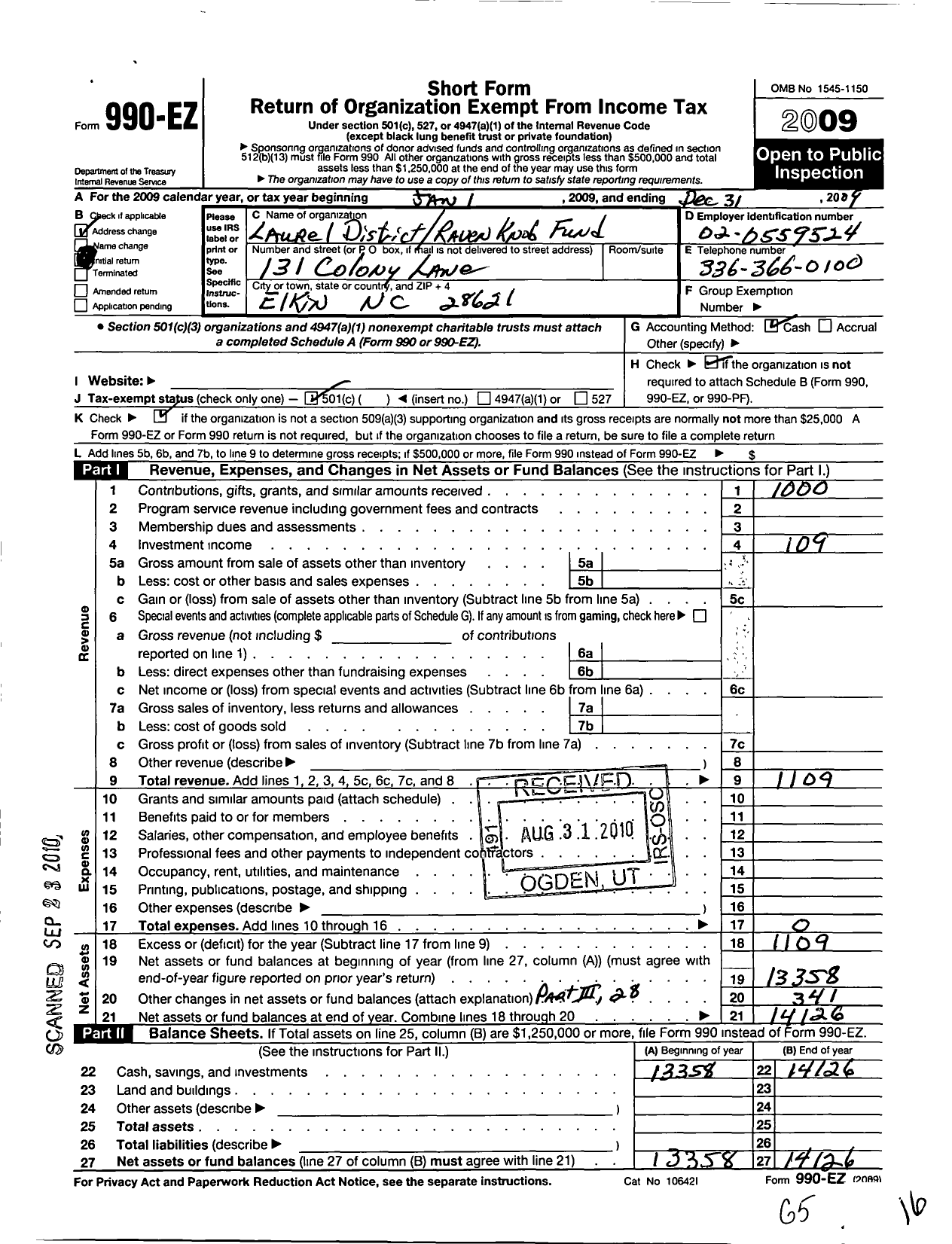 Image of first page of 2009 Form 990EO for Laurel District-Raven Knob Fund