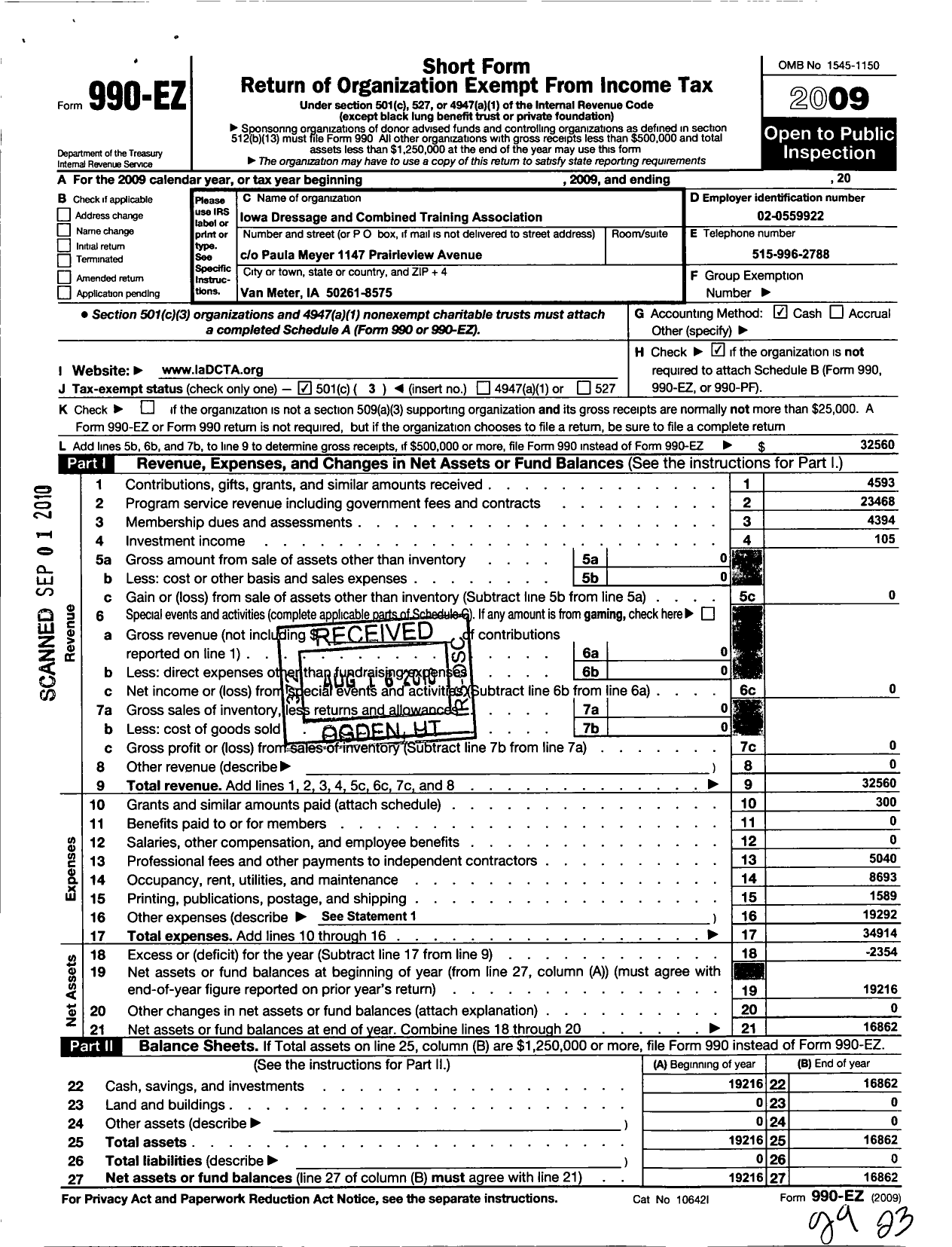 Image of first page of 2009 Form 990EZ for Iowa Dressage and Combined Training Association