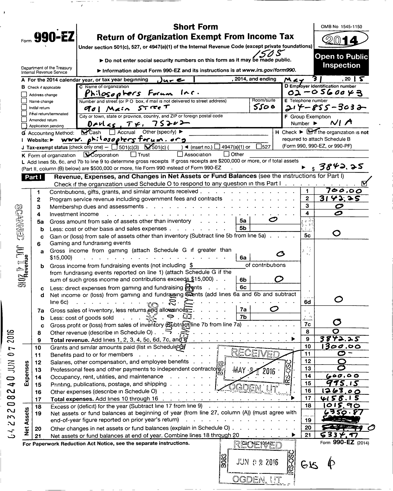 Image of first page of 2014 Form 990EO for Philosophers Forum