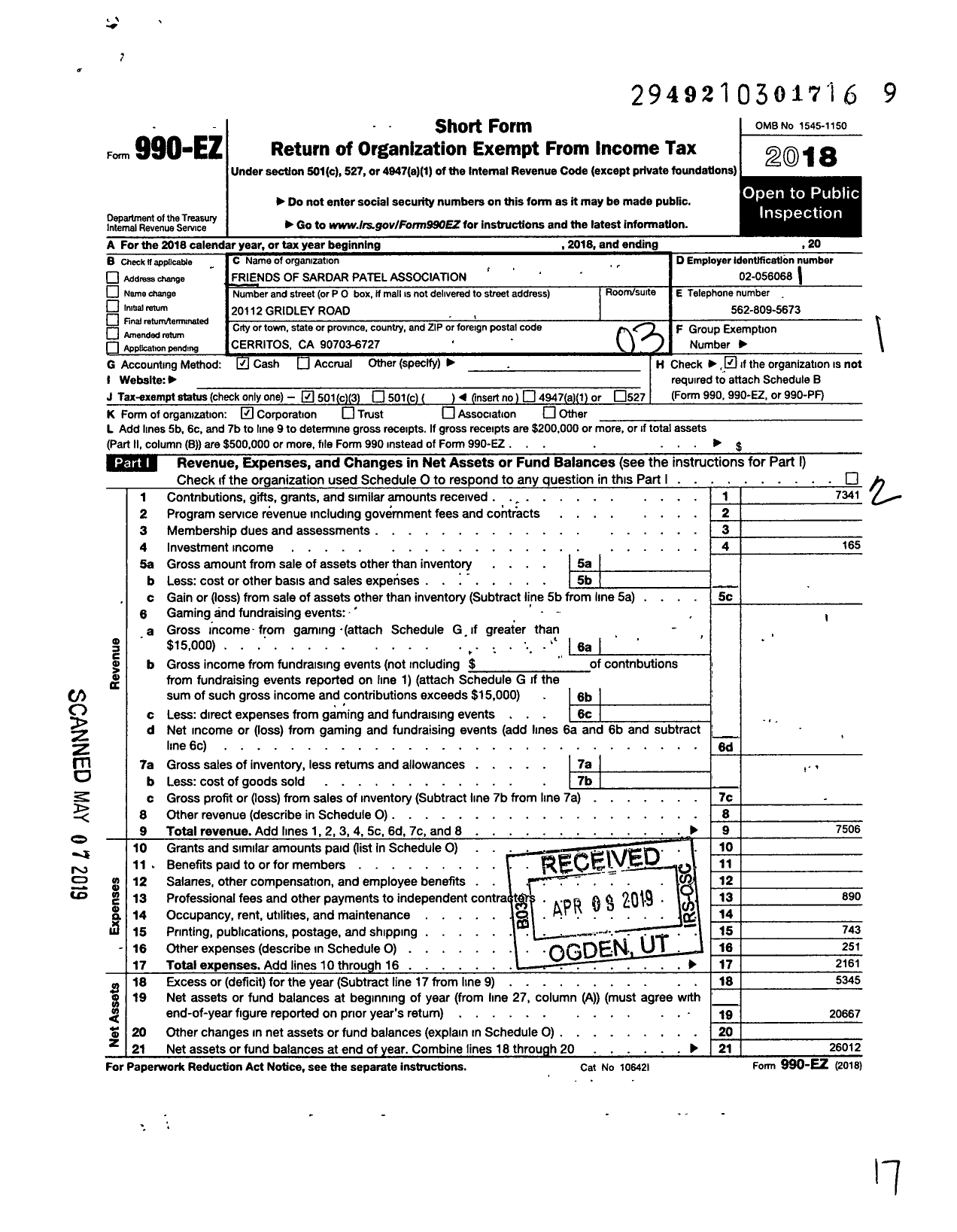 Image of first page of 2018 Form 990EZ for Friends of Sardar Patel Association