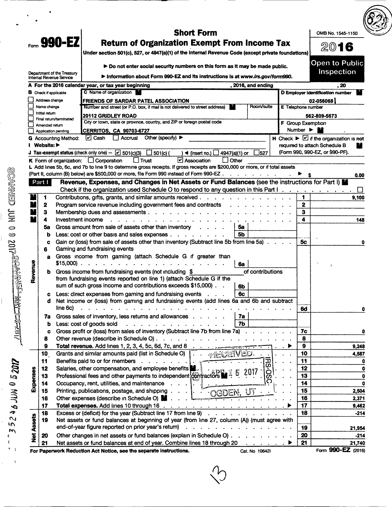 Image of first page of 2016 Form 990EZ for Friends of Sardar Patel Association