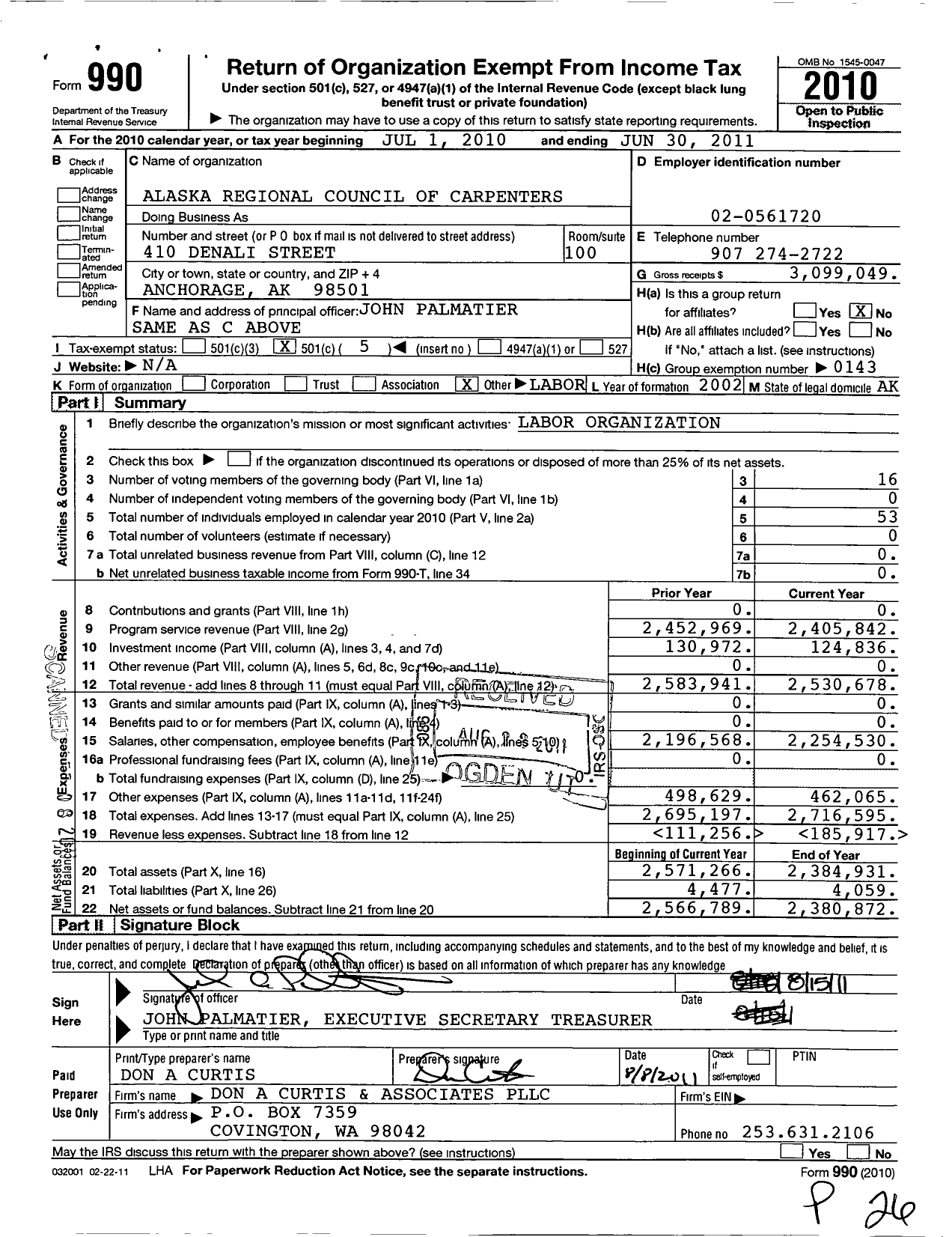 Image of first page of 2010 Form 990O for United Brotherhood of Carpenters & Joiners - 4059 Alaska Regional Council