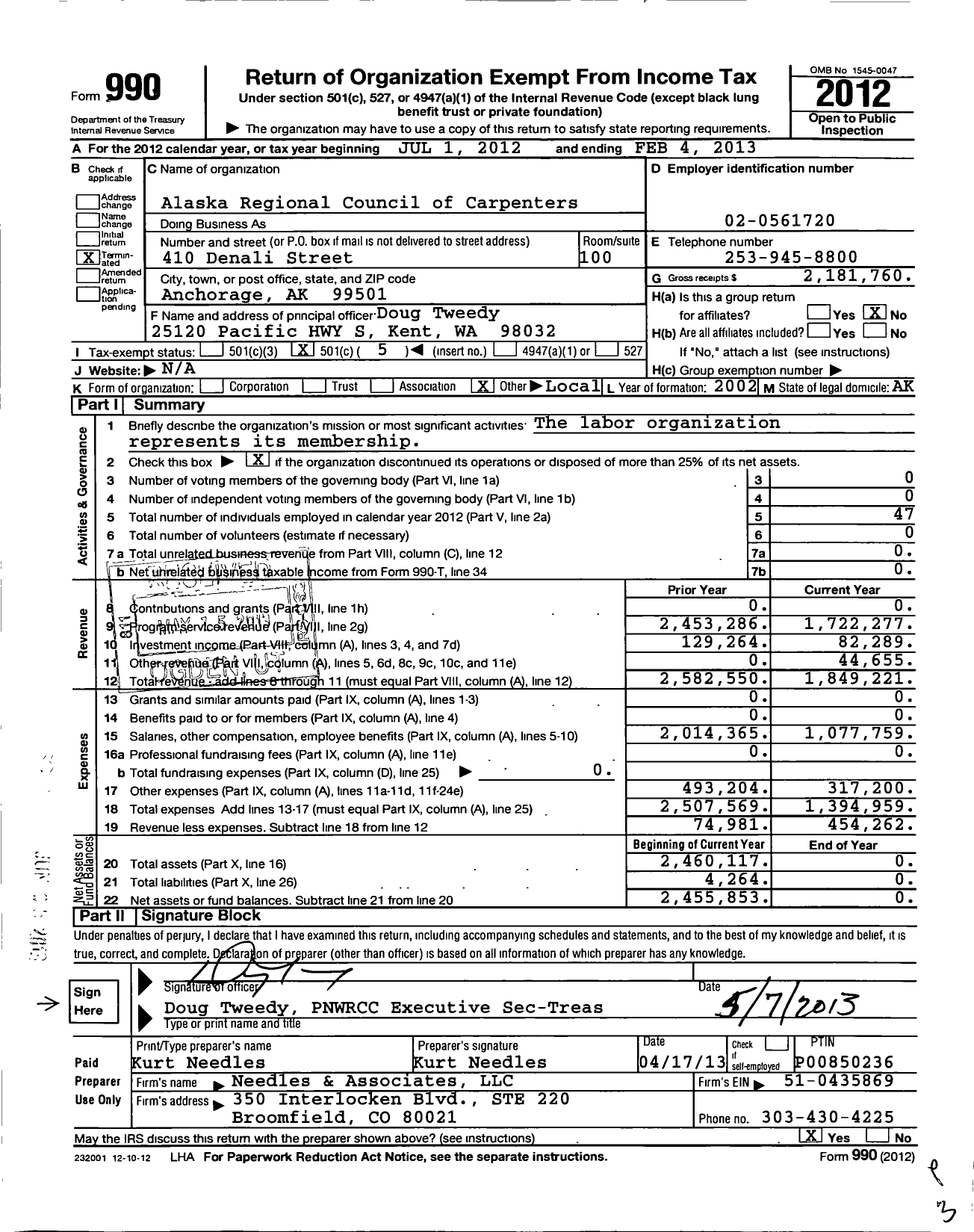 Image of first page of 2012 Form 990O for United Brotherhood of Carpenters & Joiners - 4059 Alaska Regional Council