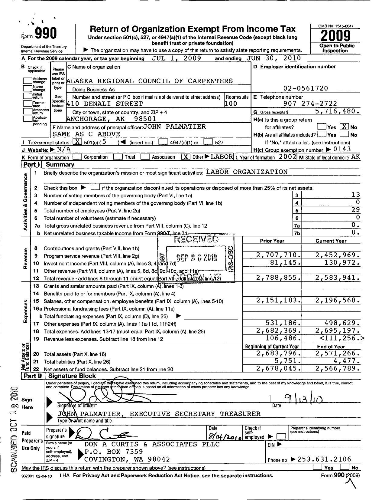 Image of first page of 2009 Form 990O for United Brotherhood of Carpenters & Joiners - 4059 Alaska Regional Council