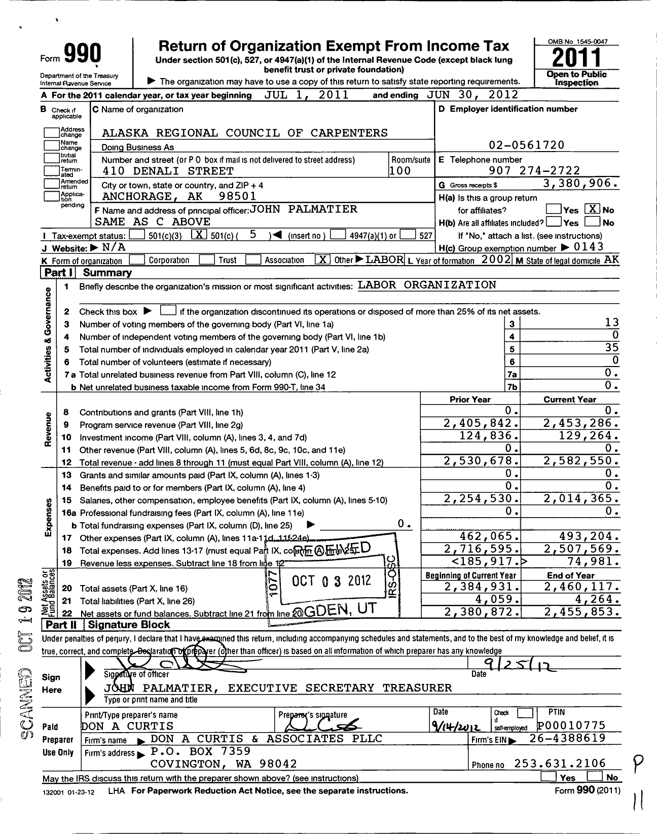 Image of first page of 2011 Form 990O for United Brotherhood of Carpenters & Joiners - 4059 Alaska Regional Council