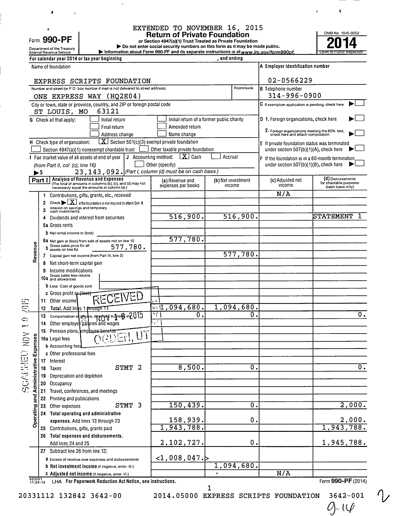 Image of first page of 2014 Form 990PF for Express Scripts Foundation