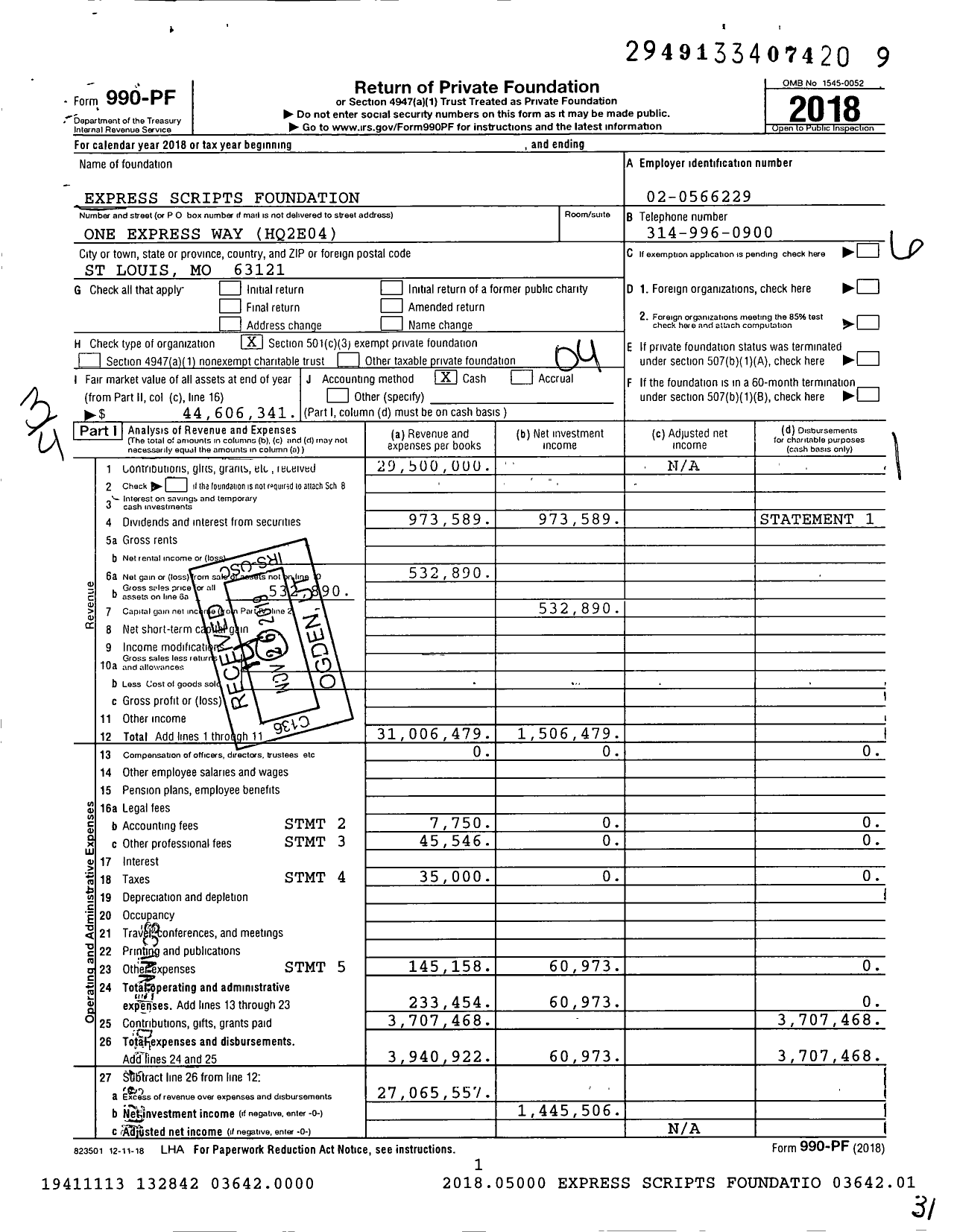 Image of first page of 2018 Form 990PF for Express Scripts Foundation