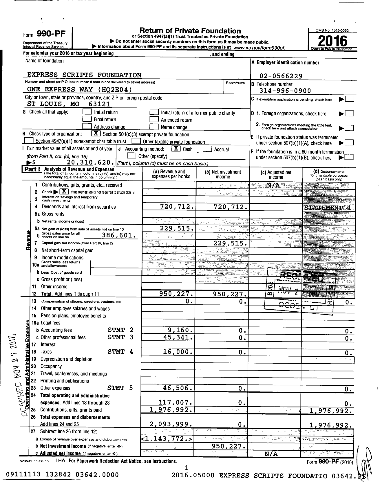 Image of first page of 2016 Form 990PF for Express Scripts Foundation