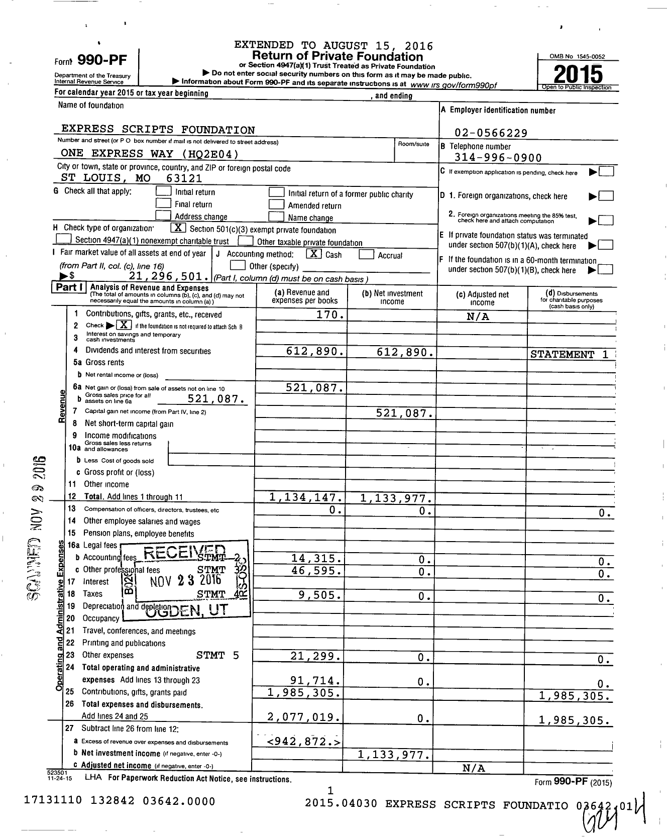 Image of first page of 2015 Form 990PF for Express Scripts Foundation