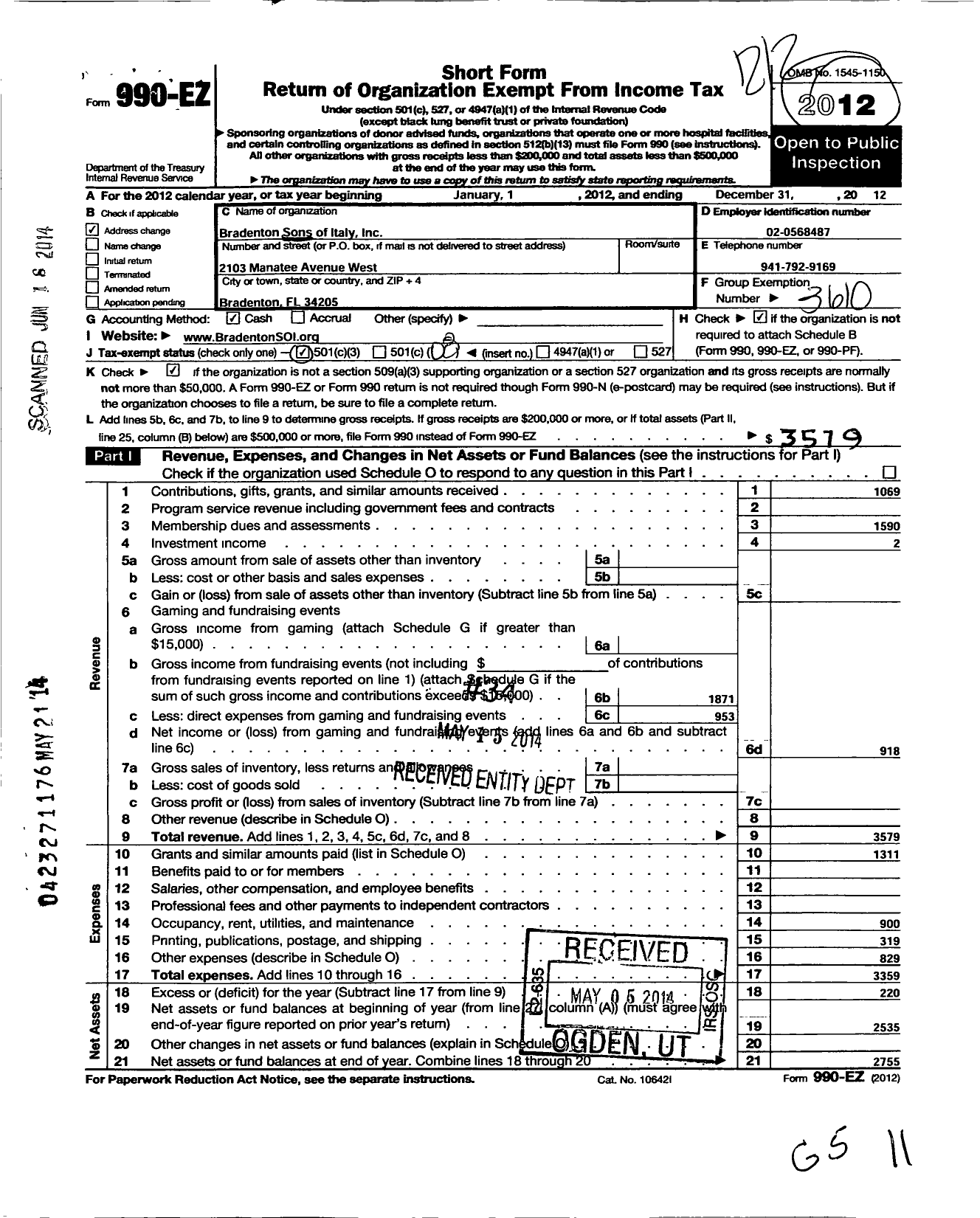 Image of first page of 2012 Form 990EO for Order Sons and Daughters of Italy in America - 2782 Bradenton