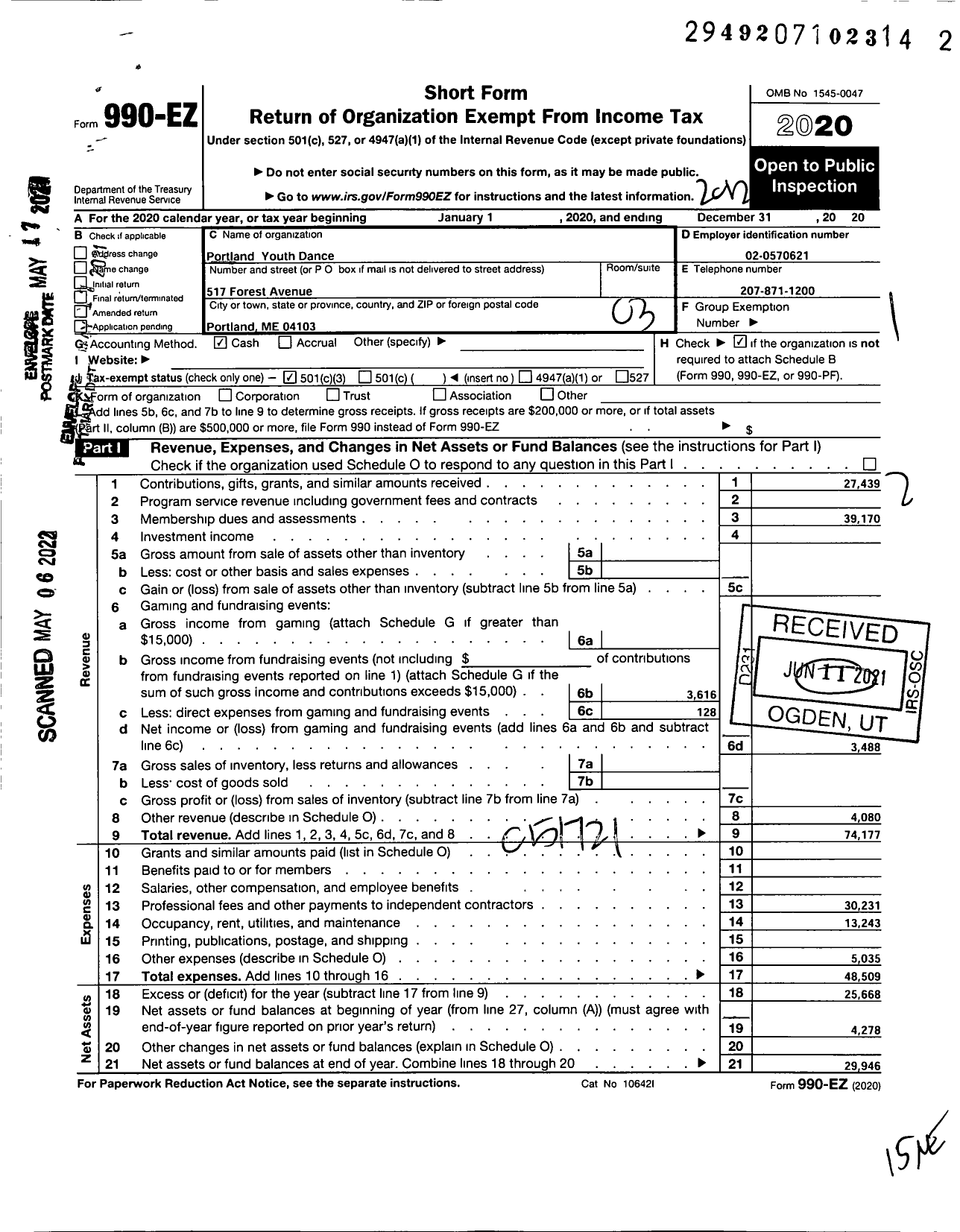 Image of first page of 2020 Form 990EZ for Portland Youth Dance