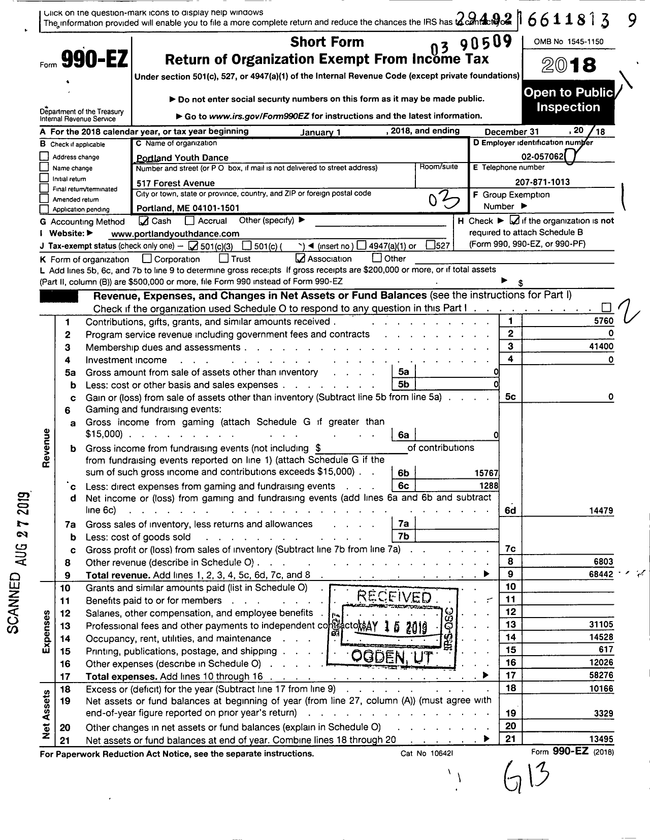 Image of first page of 2018 Form 990EZ for Portland Youth Dance