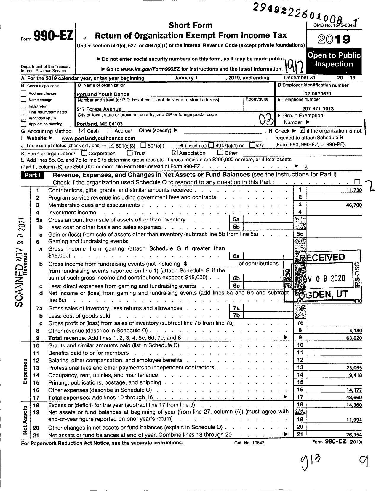 Image of first page of 2019 Form 990EZ for Portland Youth Dance