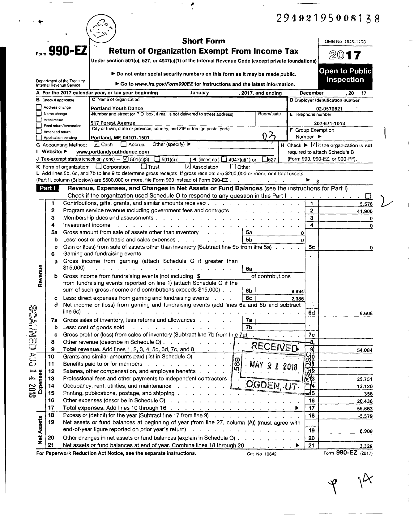 Image of first page of 2017 Form 990EZ for Portland Youth Dance