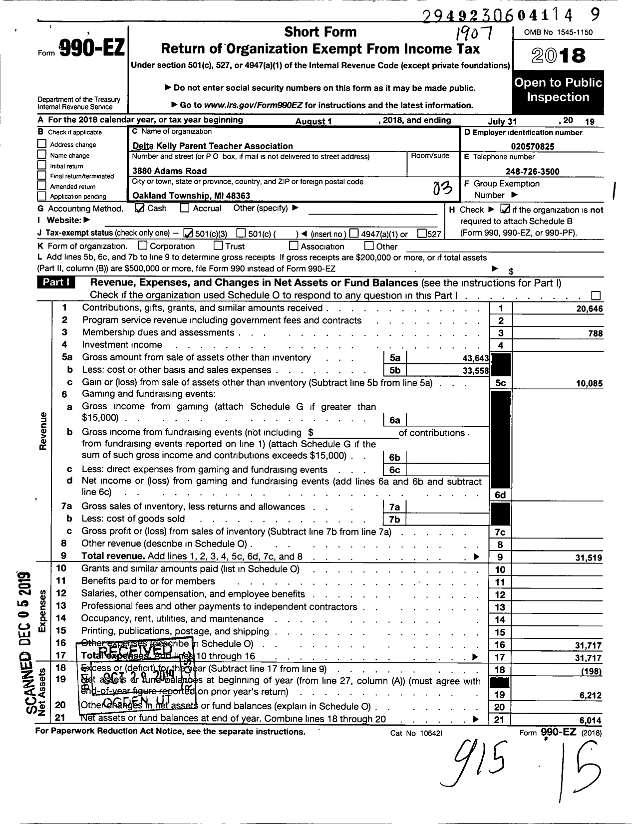 Image of first page of 2018 Form 990EZ for Delta Kelly Parent Teacher Association