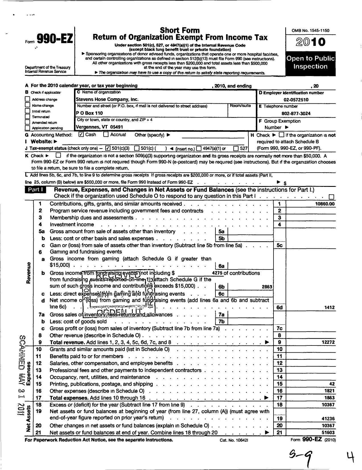 Image of first page of 2010 Form 990EZ for Stevens Hose Company