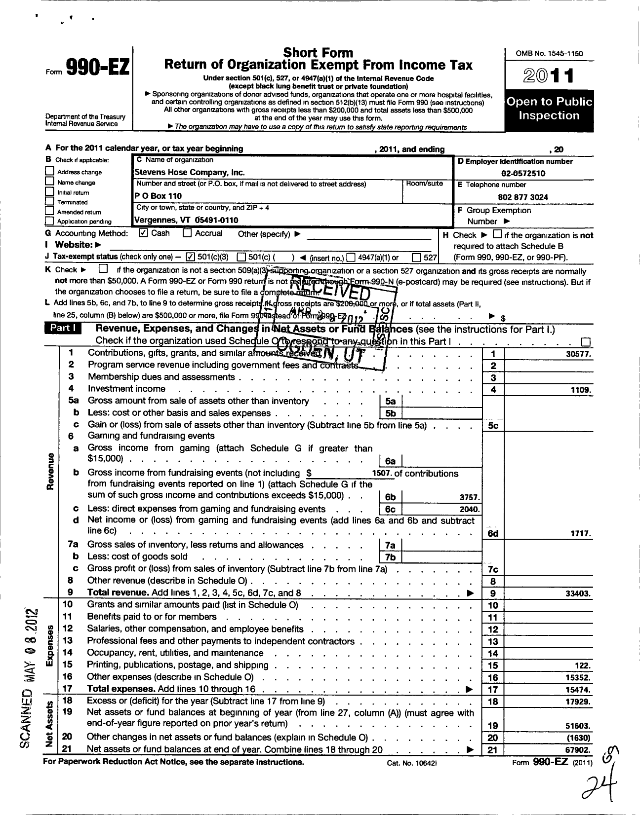 Image of first page of 2011 Form 990EZ for Stevens Hose Company