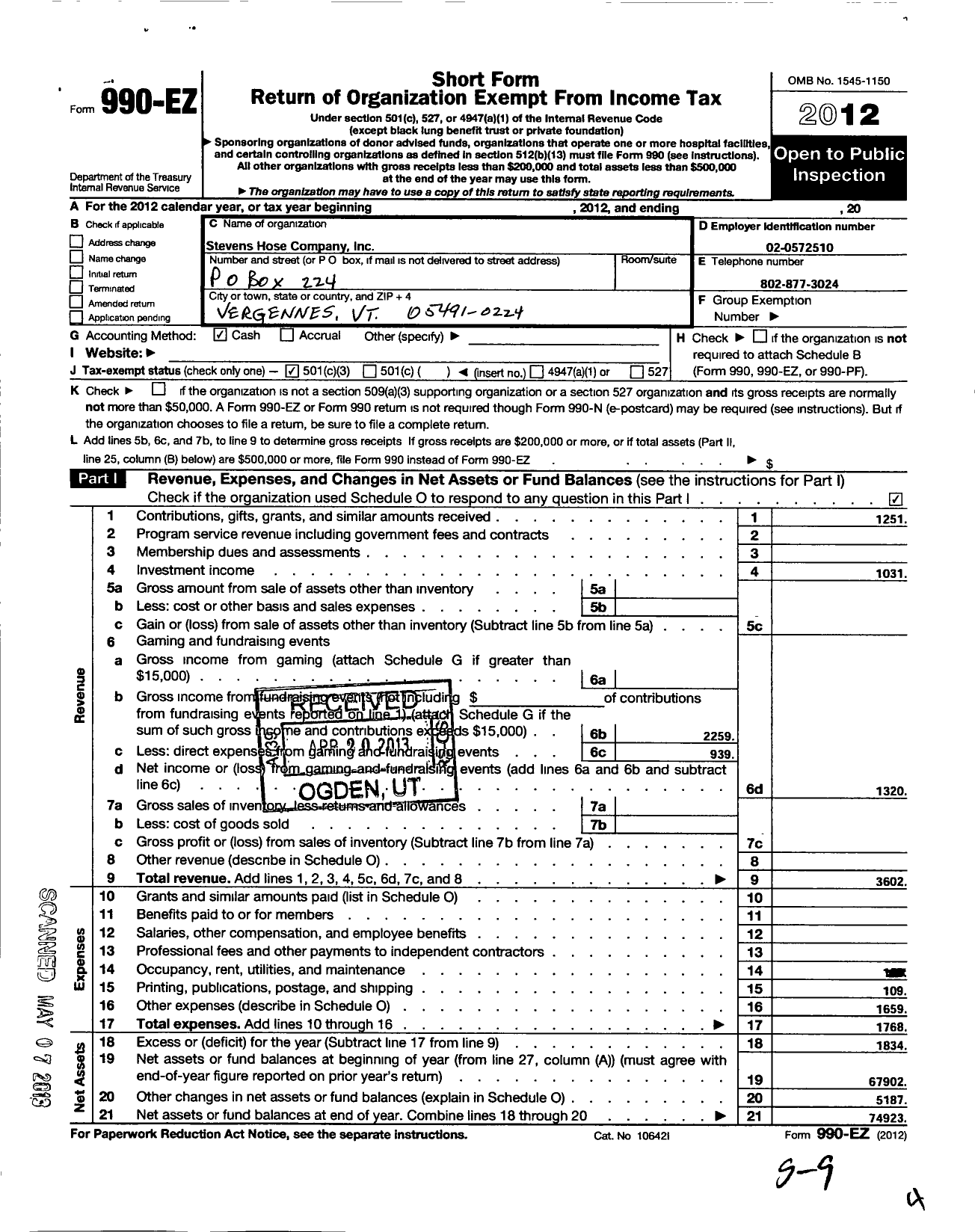 Image of first page of 2012 Form 990EZ for Stevens Hose Company