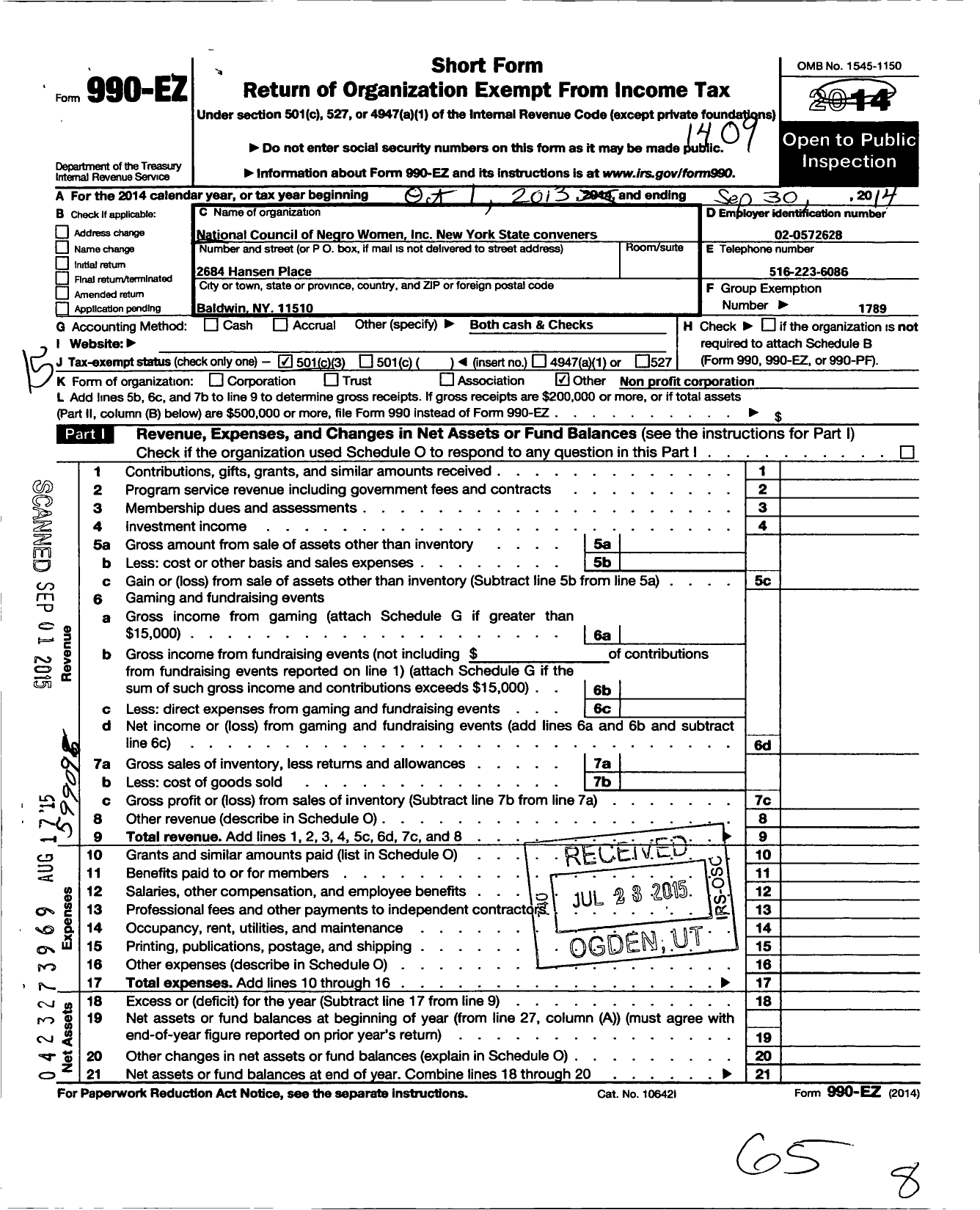 Image of first page of 2013 Form 990EZ for National Council of Negro Women / New York State Conveners