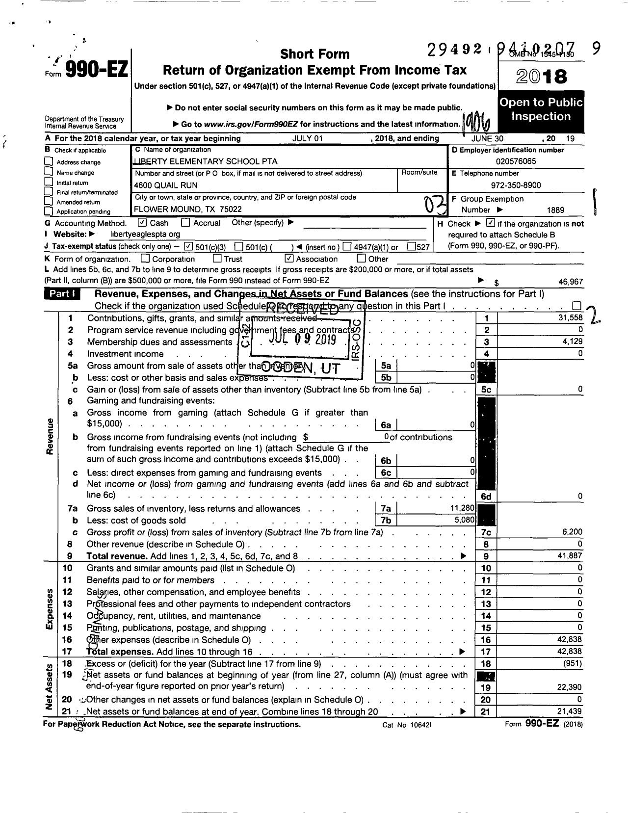 Image of first page of 2018 Form 990EZ for Texas PTA - 10204 Liberty Elementary