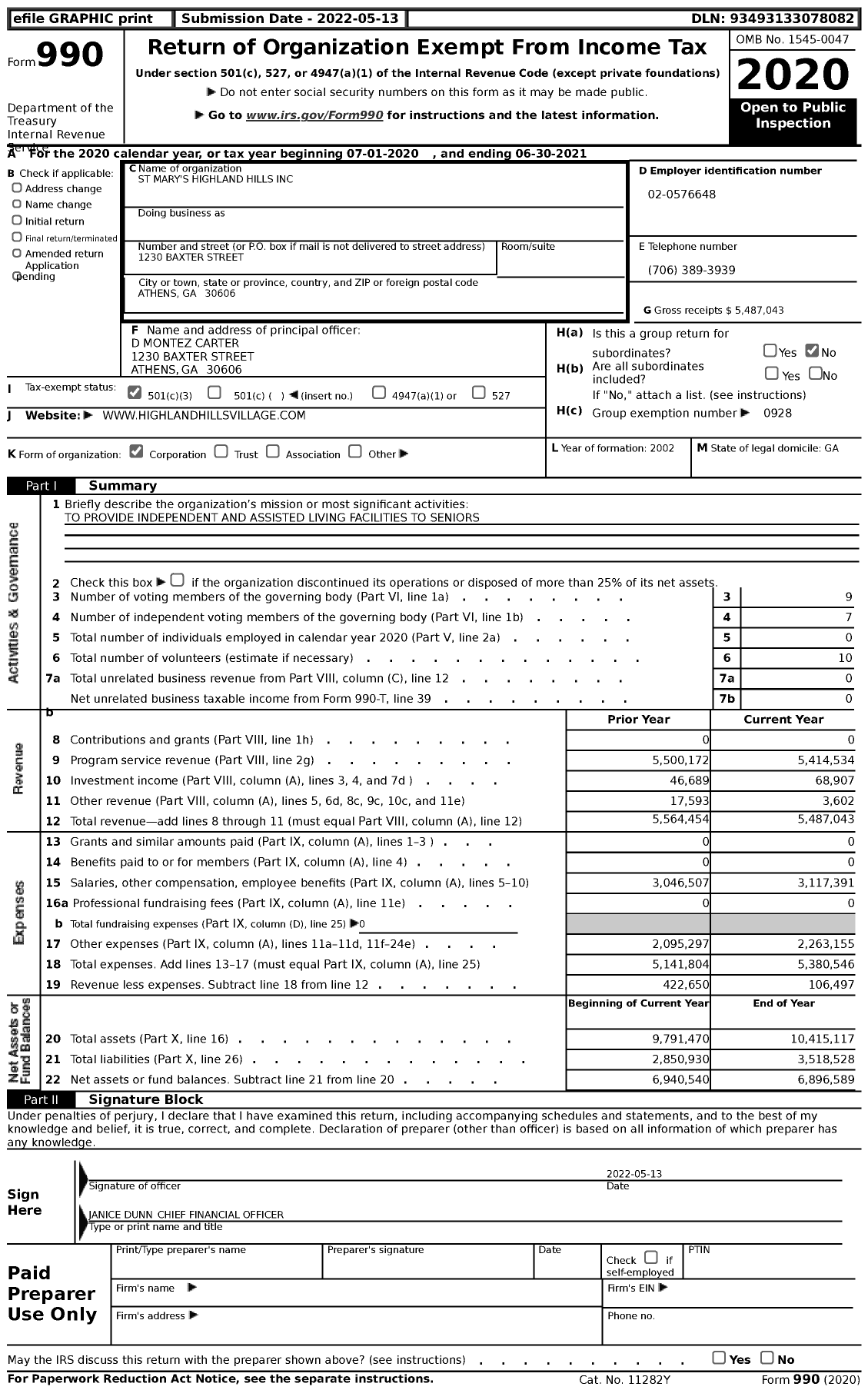 Image of first page of 2020 Form 990 for St Mary's Highland Hills