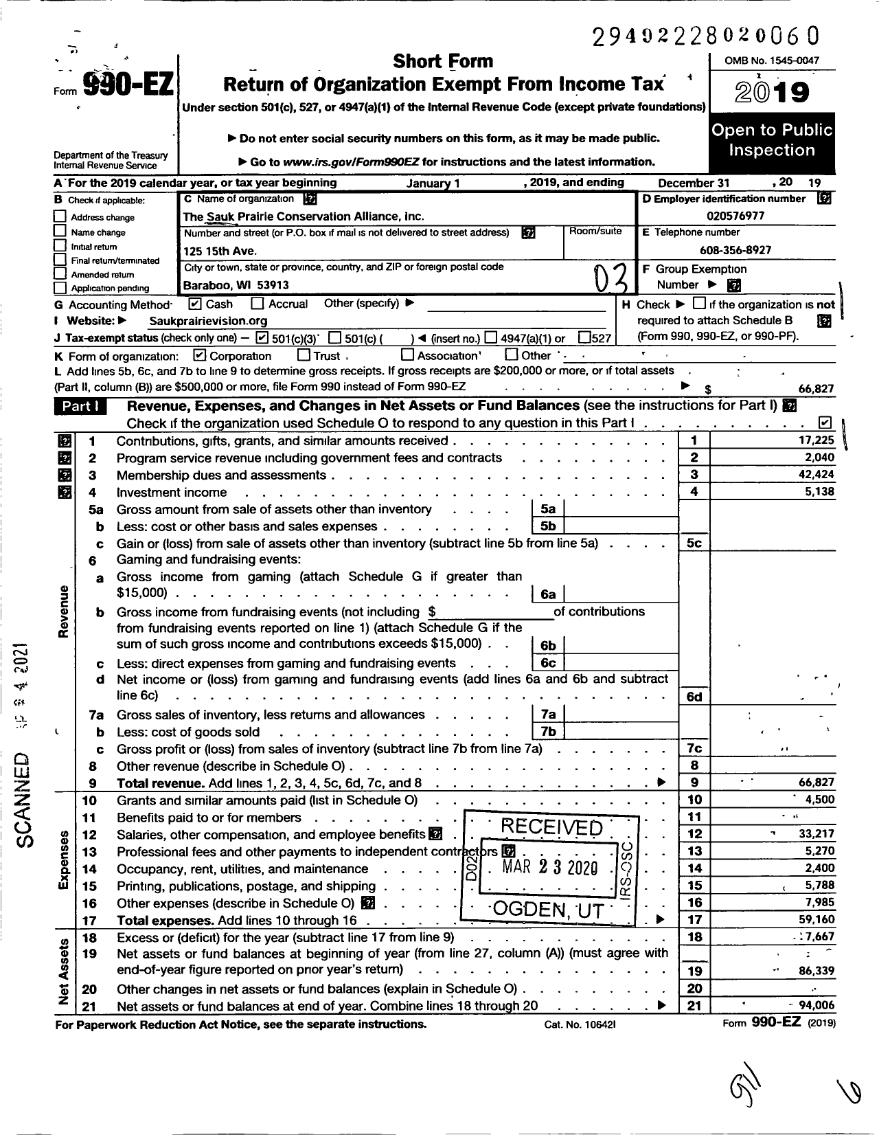 Image of first page of 2019 Form 990EZ for Sauk Prairie Conservation Alliance