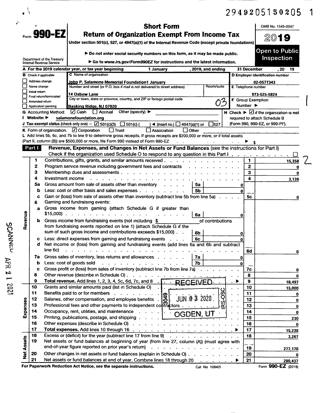 Image of first page of 2019 Form 990EZ for John P Salamone Memorial Foundation