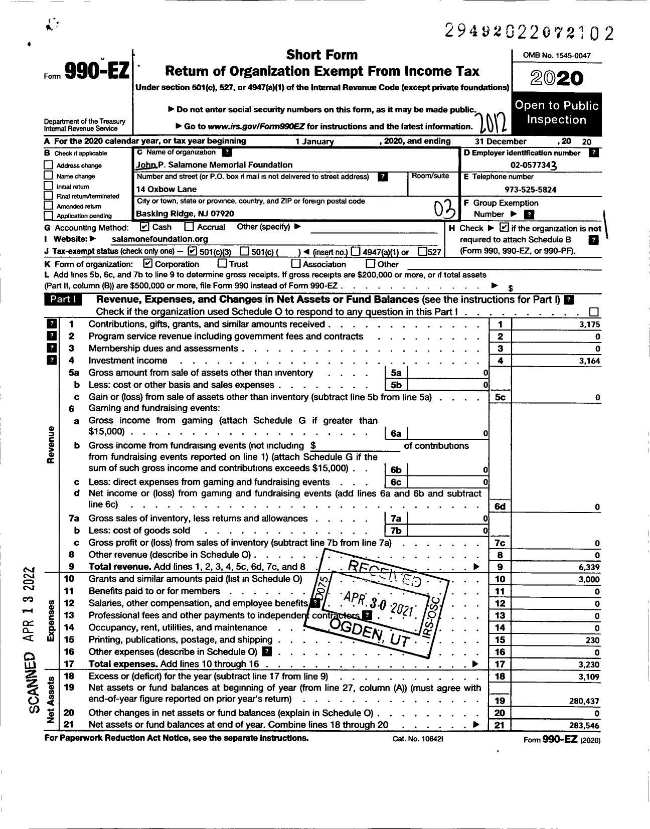 Image of first page of 2020 Form 990EZ for John P Salamone Memorial Foundation