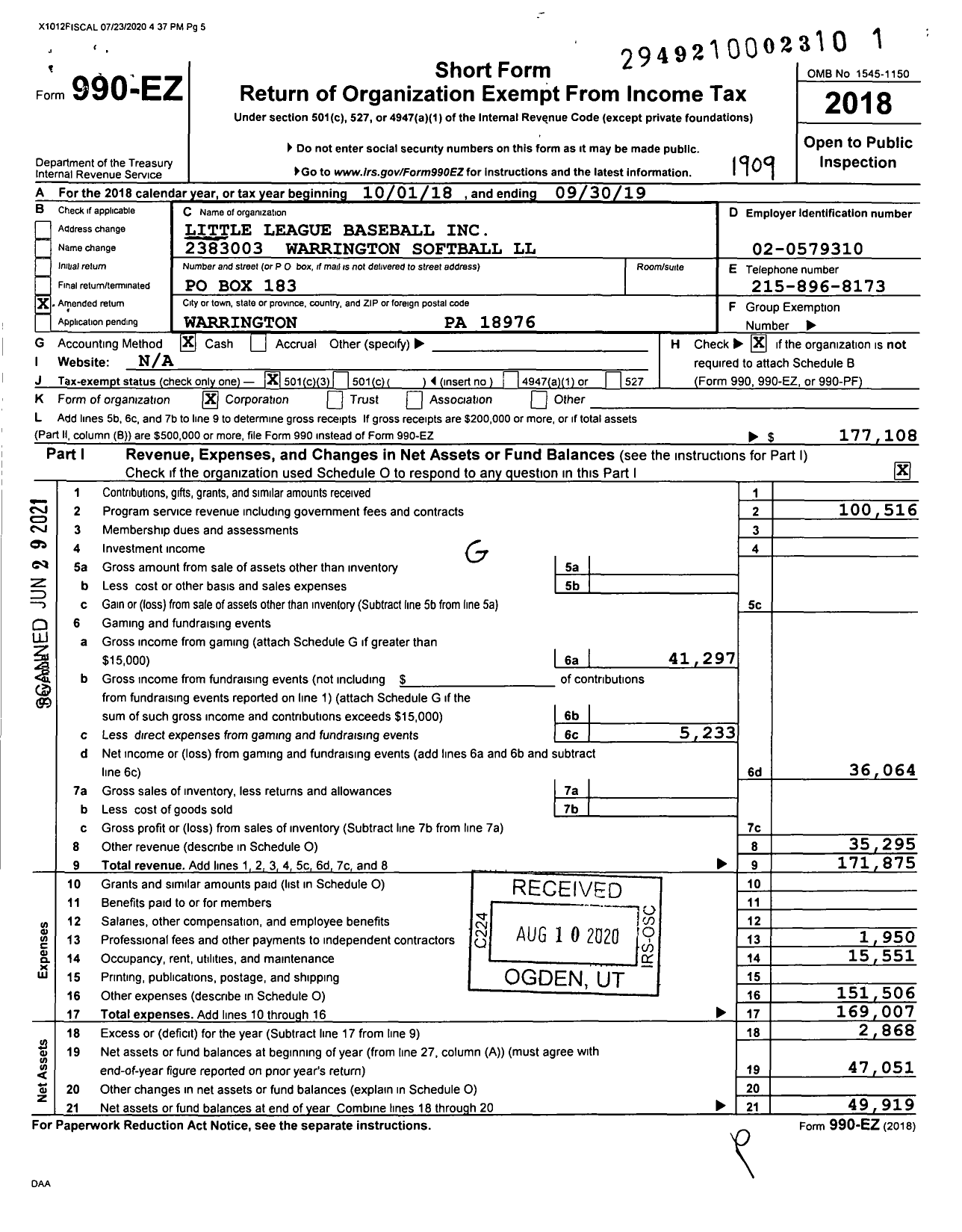 Image of first page of 2018 Form 990EZ for Little League Baseball - 2383003 Warrington Softball LL