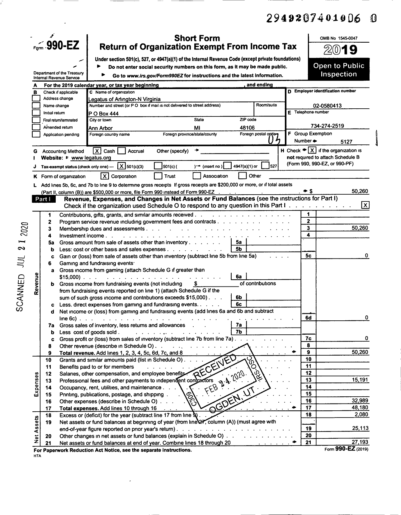 Image of first page of 2019 Form 990EZ for Legatus of Arlington N Virginia